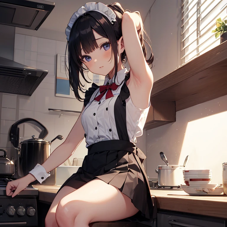 A maids, (in kitchen), various hair styles, night, details face, short skirt, seducing, sleeveless, maid uniform, armpits