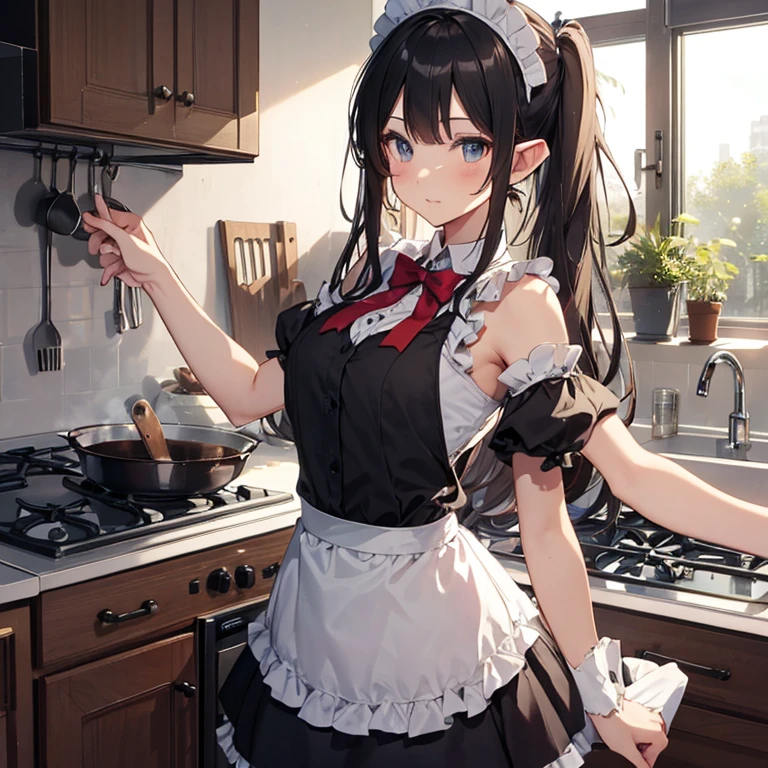 A maid, (in kitchen), various hair styles, night, details face, short skirt, seducing, sleeveless, maid uniform, armpits, elf