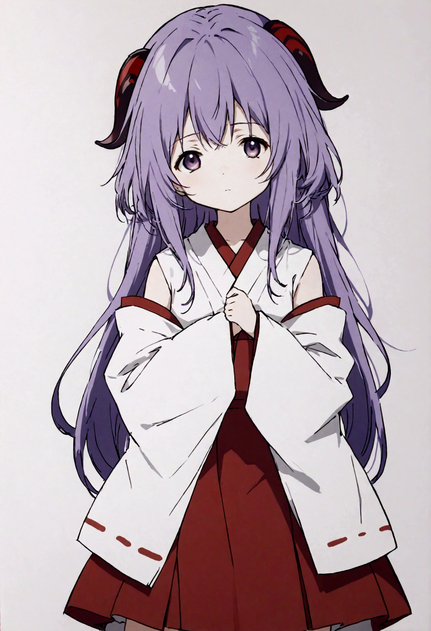 score_9, score_8_up, score_7_up, score_6_up, source_anime,BREAK , 1girl, hanyuu, solo, (tween:1.2), kawaii, ((horns)), medium breasts, purple eyes, purple hair, long hair, simple background, white background, japanese clothes, miko, skirt, hakama, hakama skirt, red detached sleeves, red hakama,v_arms,,straight-on,,anime screencap, anime coloring