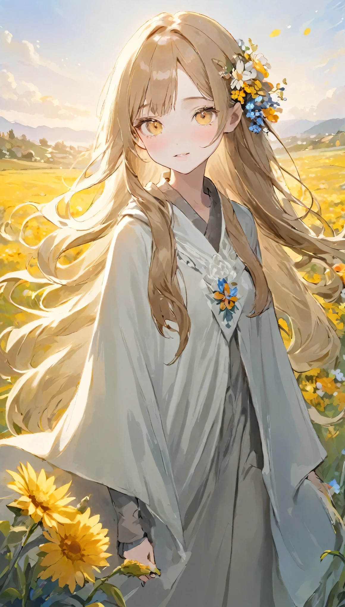 (masterpiece:1.2、highest quality)、Hmph、Intricate details、One Girl、albino、Light brown eyes、beautiful brown long-haired、Silky straight hair、Twilight Look、Long Grey Poncho、(((Outdoor、Flower Field、Colorful flowers々)))、Natural light、Faint lighting