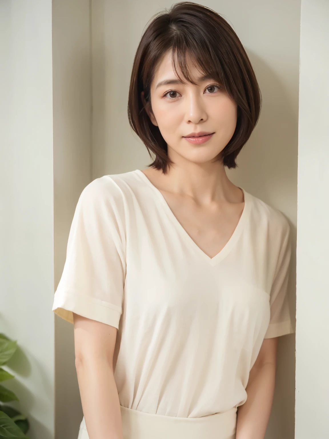 (Very detailed), ((Realistic)), (Better Quality), Short sleeve shirt、Very beautiful woman, highest quality, 8k, masterpiece, Photorealism, practical, 1. Beautiful Japanese Women, Mature Woman, 40 years old, Delicate skin texture, short hair,Shooting from the side、Photographed in natural light、Photographed in front of a white wall