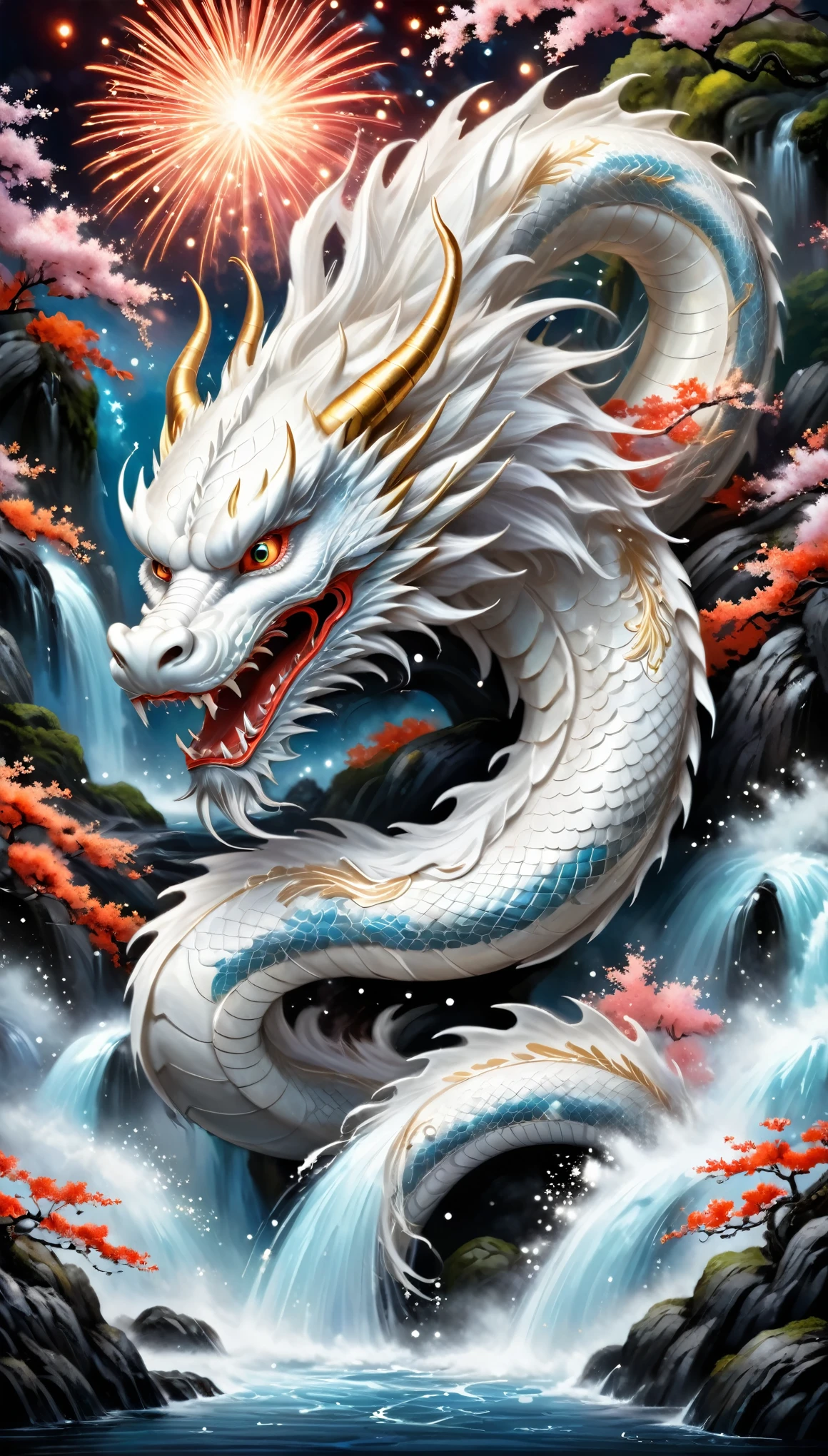 
/Imagine a Japanese dragon, The White Dragon is majestic and powerful., long, Curled up body and intense expression. The background features traditional Japanese ornaments and symbols., firework,  The colors are vibrant and bold, Create a vibrant and energetic scene.The background is a large waterfall、One Head