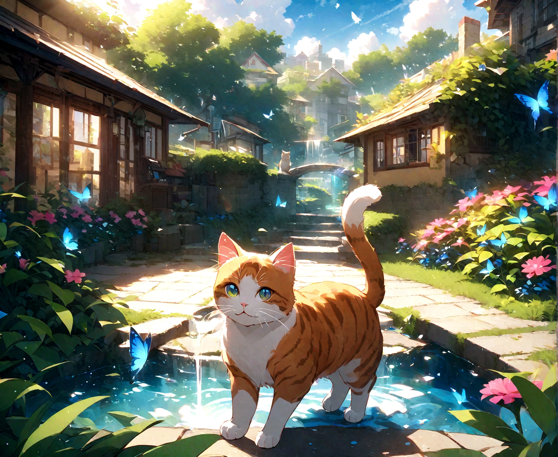 (High resolution,Realistic) Scottish Fold cat catching butterflies in the garden, A stream flows in the distance、Home々I can see. Detailed fur and expressive eyes. Lush greenery and colorful flowers surround the cat.. wood々Sunlight shining through, casting a warm glow. Bright butterflies flutter around the cat, Create a lively atmosphere. Cat ears have a unique fold, Further enhance its appeal. The gardens are beautifully maintained, Neatly trimmed bushes and々Plants. Cats are focused and alert, Ready to pounce on the next butterfly. The water in the stream is crystal clear, Reflecting the serene environment. 遠くのHome々It has a colorful appearance, Add a little whimsy to your scene.