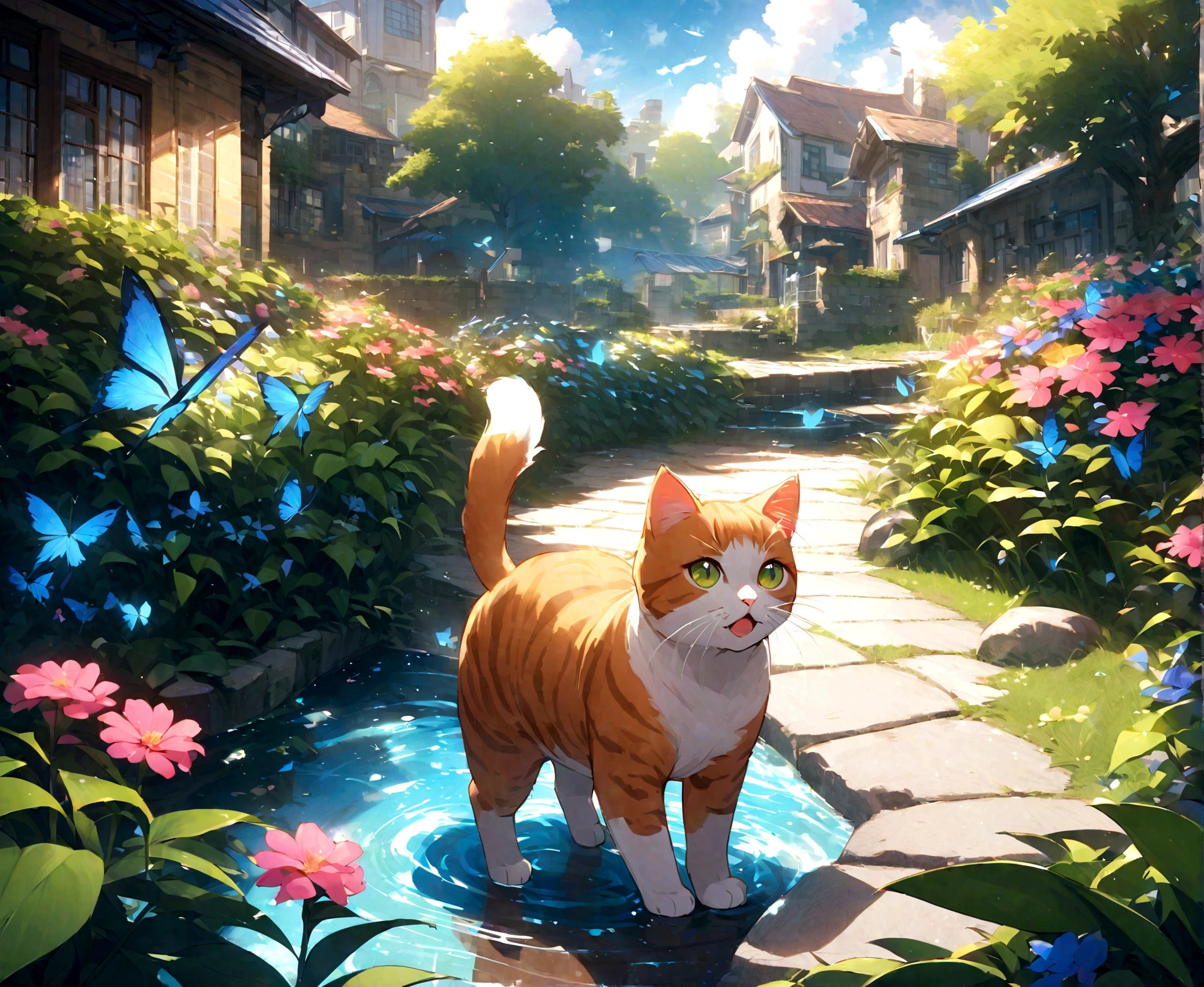 (High resolution,Realistic) Scottish Fold cat catching butterflies in the garden, A stream flows in the distance、Home々I can see. Detailed fur and expressive eyes. Lush greenery and colorful flowers surround the cat.. wood々Sunlight shining through, casting a warm glow. Bright butterflies flutter around the cat, Create a lively atmosphere. Cat ears have a unique fold, Further enhance its appeal. The gardens are beautifully maintained, Neatly trimmed bushes and々Plants. Cats are focused and alert, Ready to pounce on the next butterfly. The water in the stream is crystal clear, Reflecting the serene environment. 遠くのHome々It has a colorful appearance, Add a little whimsy to your scene.