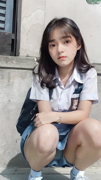 1woman,((1girl)),((:1)), cowboy_shot,(from_front:1.5),Worm’s Eye View,squatting,hugging own legs, on lawn,10 generations, very young,Innocent beautiful girls, Idol faces, Delicate girls:1, (ankle socks:0.8),(tunic blouse:1.0), (ruffle top:1.0), (sweatshirt:1),(cardigan:1),sleeves past wrists, overly long sleevese, (denim_skirt:1.3),at the park,(knees_apart:0.8),(White_panties are visible:1.3),(seamless_panties:1), (Lame_panties:1), (Lace_Frill_pantie:1.1), masterpiece, highest quality, 8k,(Beautiful_Skins:1),Detailed face,Smooth Hairs, Glowing black eyes,sparkling eyes,Childish,RAW Photos, Professional Lighting, Film Grain, chromatic aberration,expressionless, (Small eyes and faces:1.0), (Bokeh:1.1),school bags