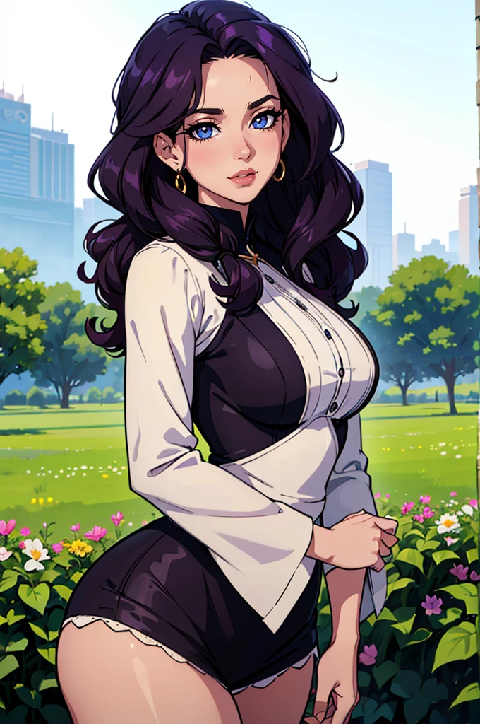 (master part:1.2), (best quality:1.2), olhos perfeitos, rosto perfeito, perfect lighting, 1girl, mature female in a field, mid hair, curly hair, roupas detalhadas, fundo exterior detalhado, maquiagem, sombra, bushy eyelashes, fantasia, Looking at the Viewer, primavera