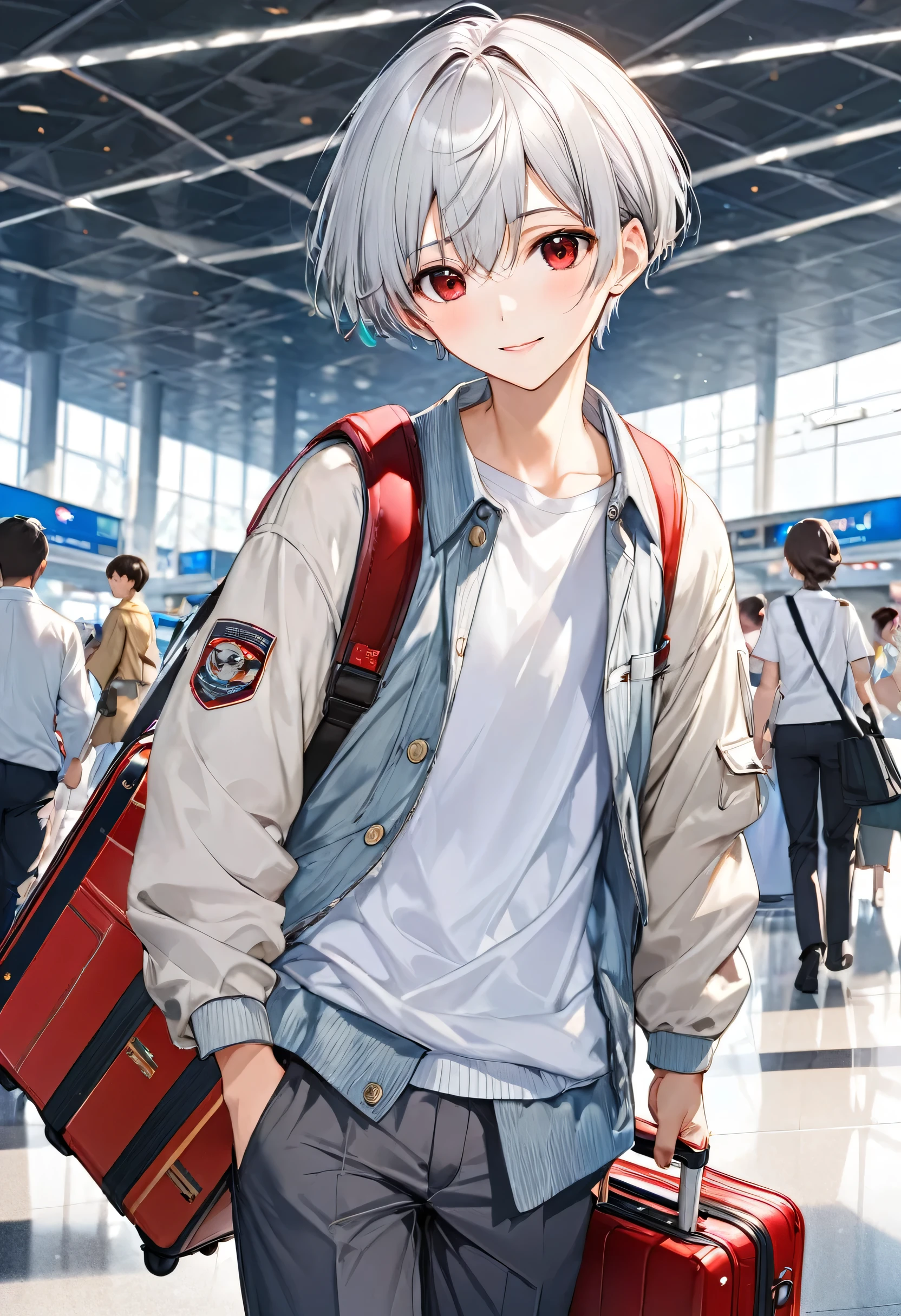 (solo crew cut slver hair very short hair divine boy, detailed serious red eyes, soft smile), () (in a Casual clothing, summer Jacket, Slacks trousers, flat chest), (hand holding Carry suitcase), in the Fukuoka Air port, BREAK, perfect anatomy, masterpiece, best quality, 16k, beautiful detailed grow, daydreaming expression.