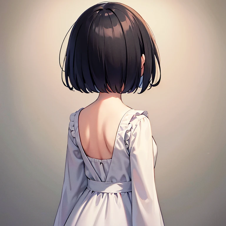 An illustration of a girl with her back facing the viewer. She has short black hair, neatly styled in a bob cut. She is wearing a modest white long-sleeved dress. The background is a soft pastel pink, creating a minimalistic and clean look. The illustration features soft colors and delicate linework, giving a calm and elegant atmosphere. Overall, the image is simple and sophisticated.