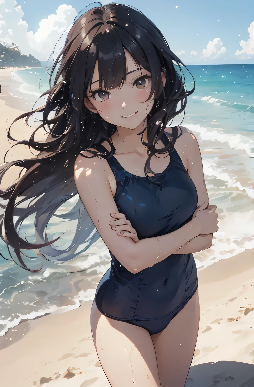 (masutepiece), (Best Quality), hyper detailed illustration,beautiful artwork,(Extreme Detail CG Unity 8K wallpaper、masterpiece、top-quality)、(exquisite lighting and shadow、highly dramatic picture、cinematic lens effects)、One girl in school swimsuit standing beach, black long haired girl beautiful Girl, CG Art, anime style 4 k, Seductive Girl, 4k wallpaper, attractive girl, beautiful Girl, beautiful alluring Art styles, ,Wake up with water,Wet,(big smile),Brown eyes,Wide blue sky,(straggling hair),Saw,(Wet),poneyTail,(on the beach),beach side,(light sparkles),(light particles),(strong light coming in),(head tilt),