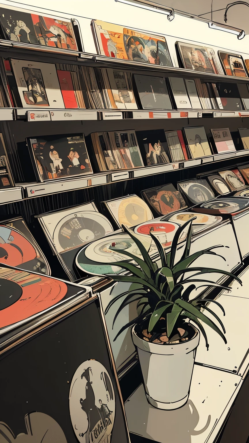 extreme quality, masterpiece, 8k, depth of field, intricate details, (((unattended))), space, movie poster, (((record store))), nostalgia, panorama, long shot, (((records on the shelves.))),  (((Various angles))),Future Interior, (((neon))), (((Plants))), (((white color)))