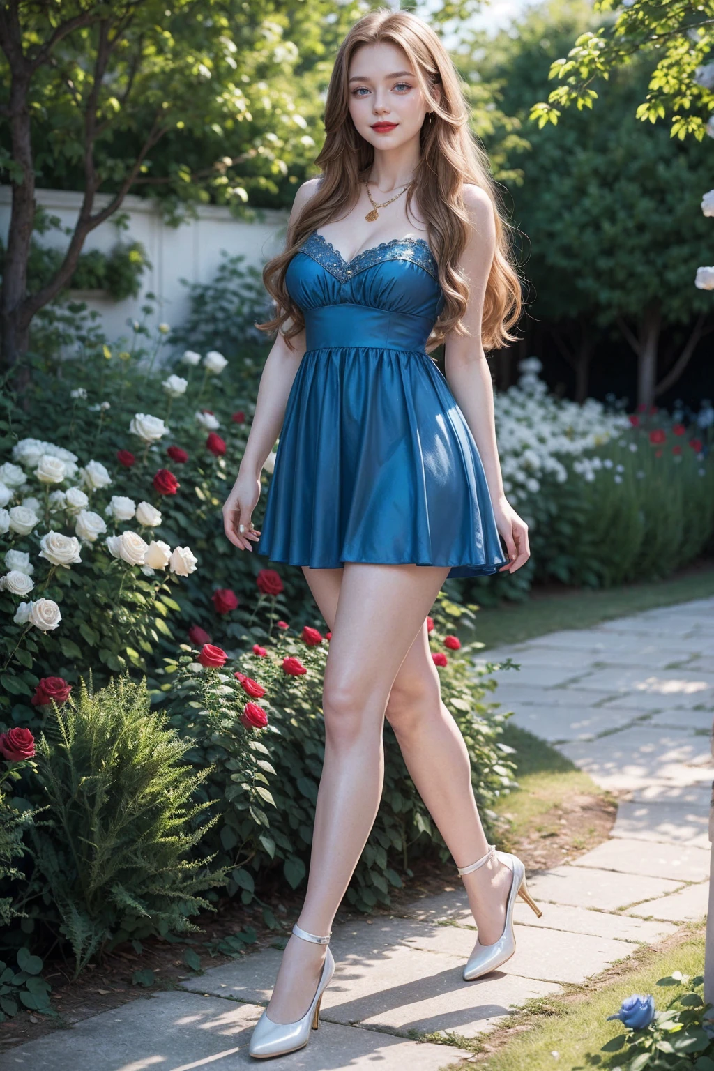 warm smile (red lips), golden long hair,blue eyes,blue dress,white stockings,jewelry necklace, pale girl, thick legs, walking, in a garden full of roses
