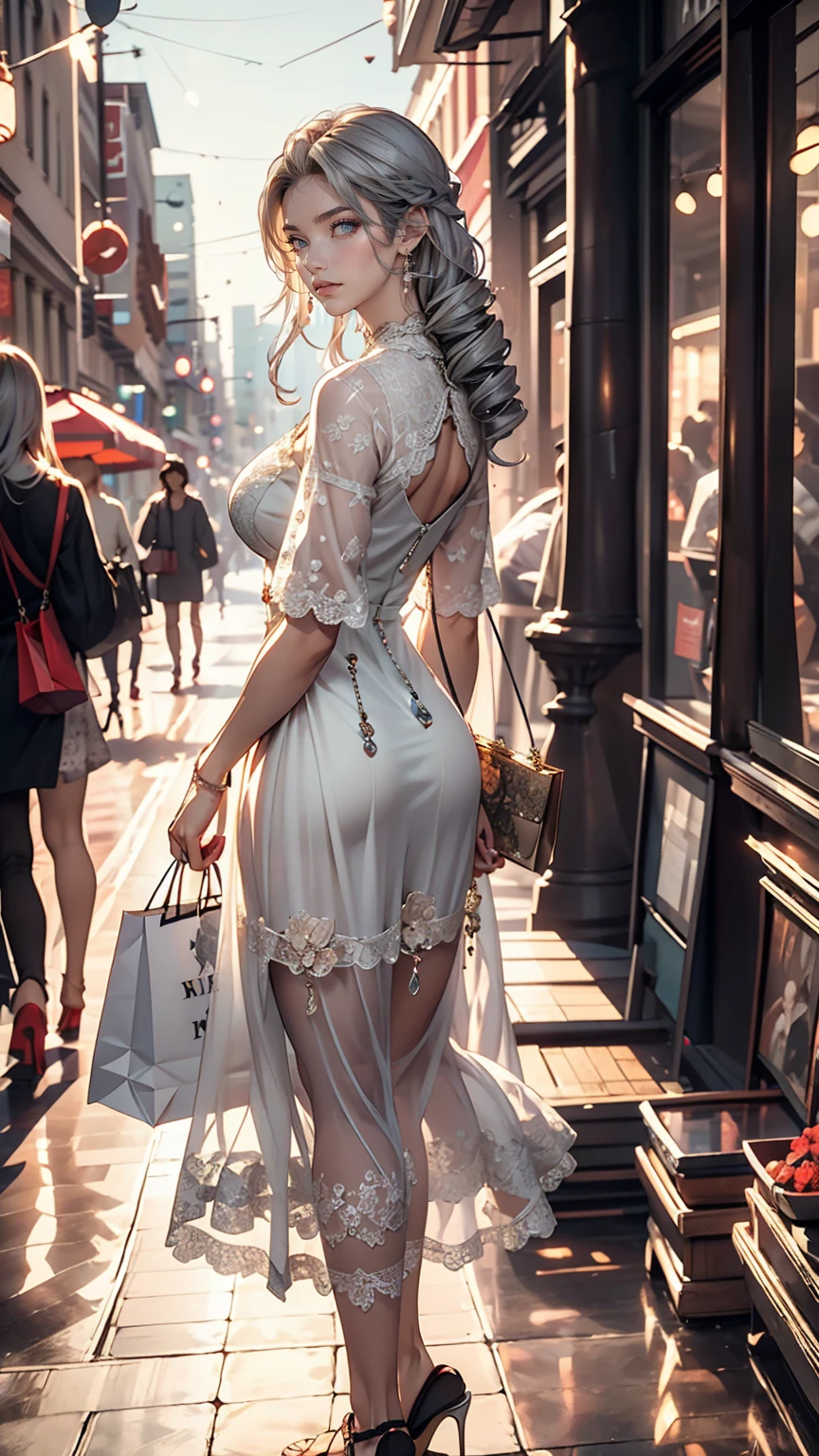 24 year old Caucasian female、blue eyes、Silver Hair、long hair、Vertical roll on one side((side drill))、Wear a sheer lace dress、Wear mules、Shopping in the downtown area、smile