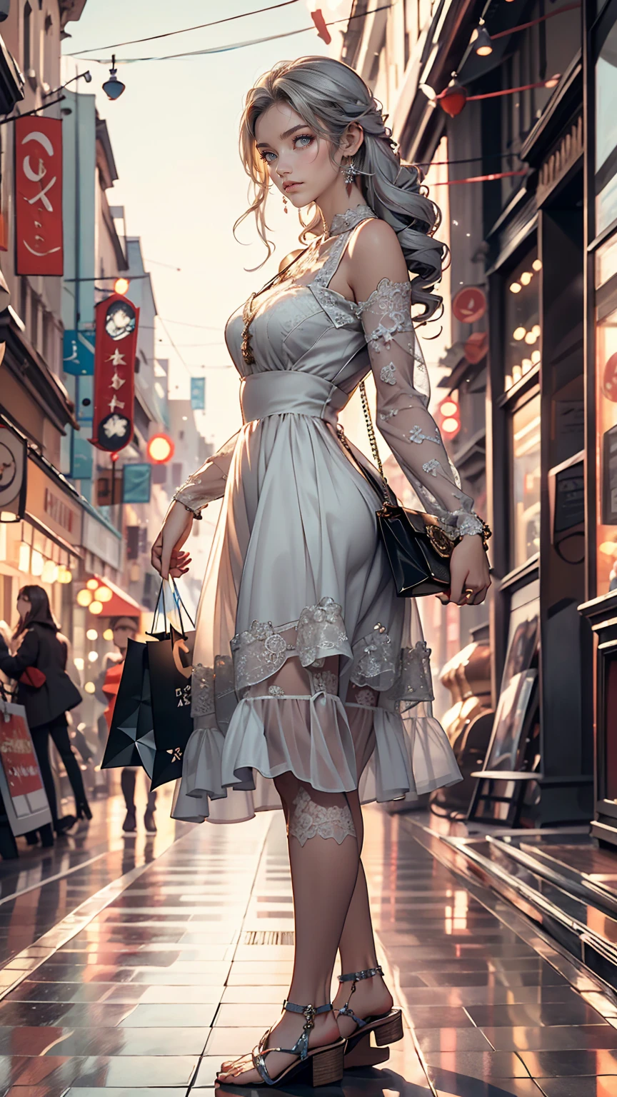 24 year old Caucasian female、blue eyes、Silver Hair、long hair、Vertical roll on one side((side drill))、Wear a sheer lace dress、Wear mules、Shopping in the downtown area、smile
