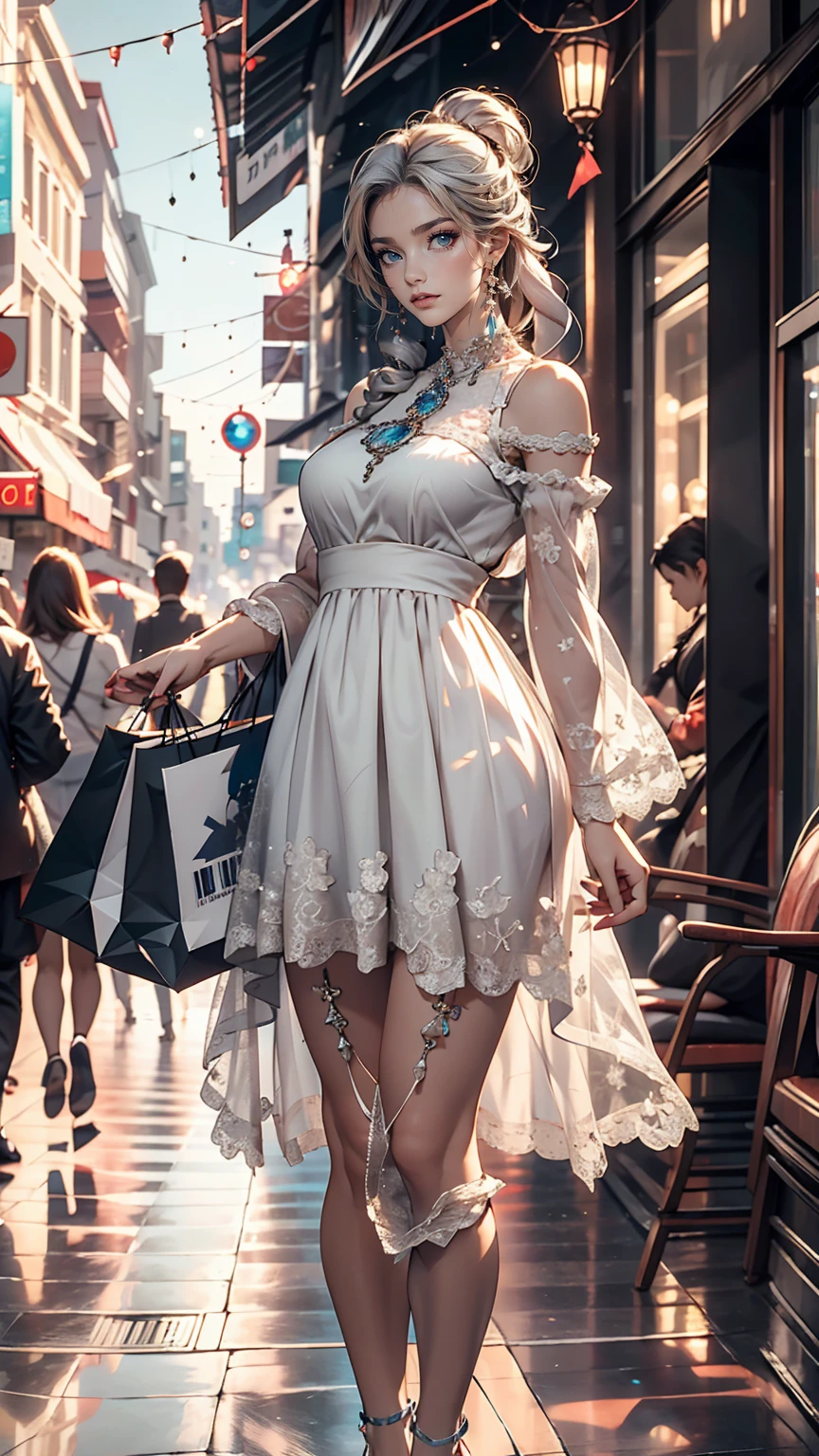 24 year old Caucasian female、blue eyes、Silver Hair、long hair、Vertical roll on one side((side drill))、Wear a sheer lace dress、Wear mules、Shopping in the downtown area、smile
