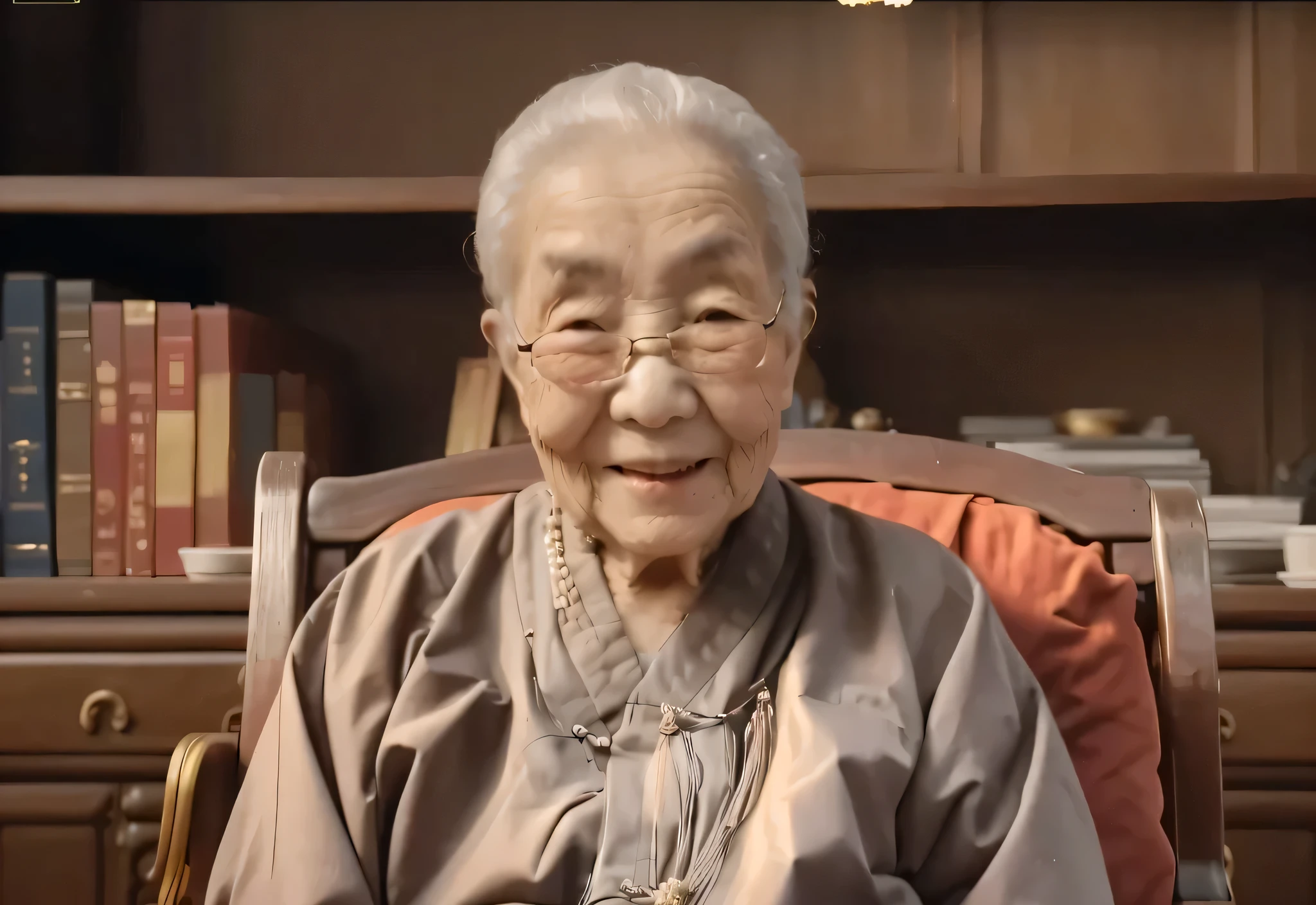 There is a Chinese lady sitting on the chair,There is a book on my lap, Old woman, old man look, Smile,Holding a string of Buddha beads in his hand