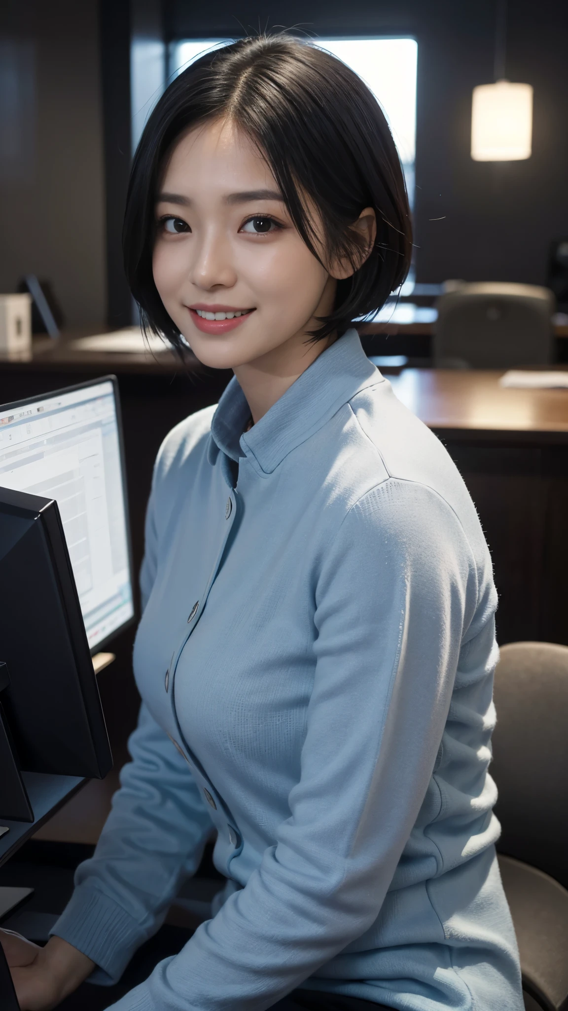 (dramatic angle)（Ultra high definition）（masterpiece）（Textured skin）（Very detailed）（high quality）（最high quality）（First Person View）(16k )Office Lady,1 person,Cute woman,,Black Hair,smile,Short Bob