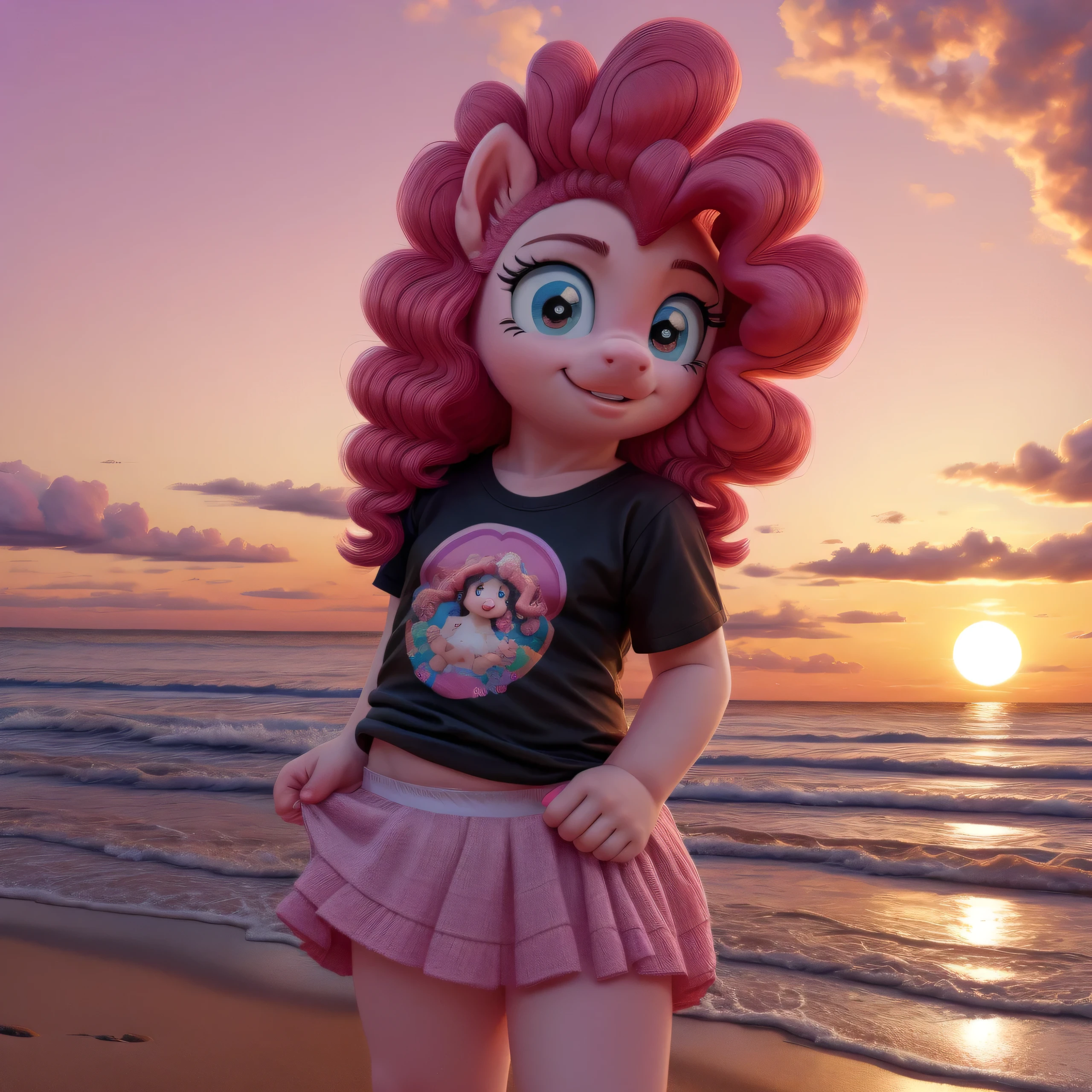 pinkie pie,  girl, skirt lifted, white panties, black t-shirt, beach, sunset