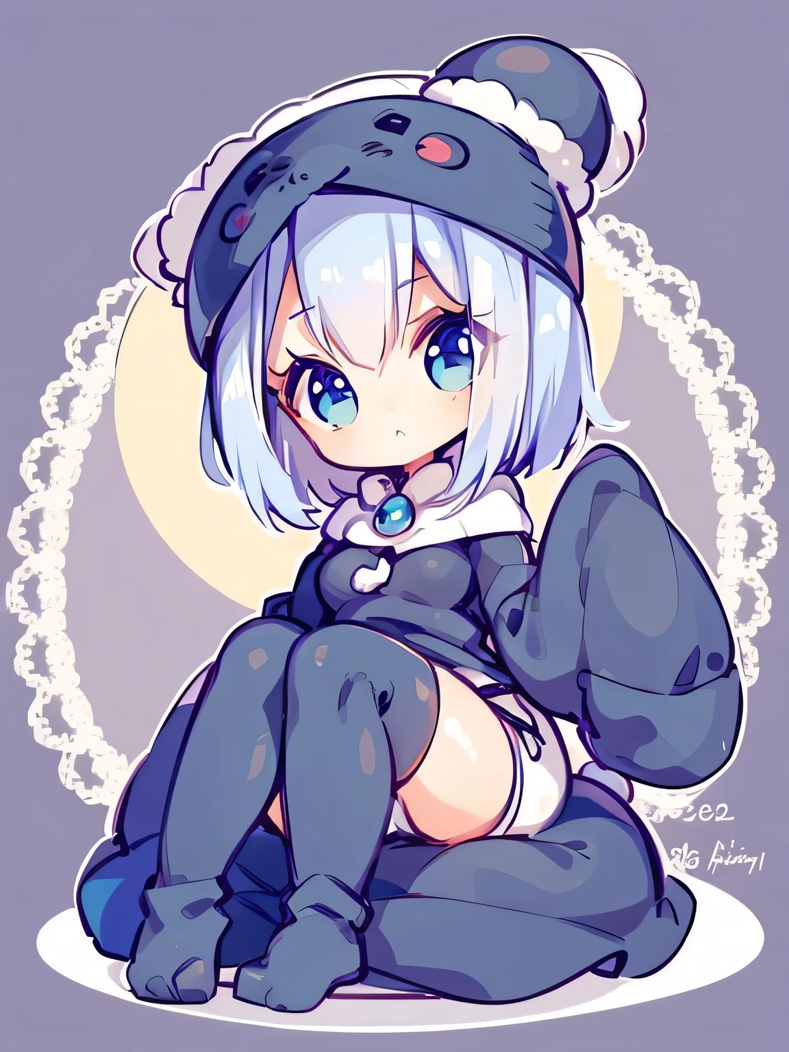 high quality, Beautiful woman, mature, Beautiful silver hair, short hair, bangs, Russian style Beautiful woman, Beautiful feet, Beautiful and firm breasts, Beautiful ass, taut Beautiful ass, Beautiful ass, Bright Blue Eyes, Rabbit costume, Bunny ears, Bunny ears hat on, girl, Sitting on the bed, Looking up at the moon, 1 girl, tail, rabbit tail, alone, Hood with animal ears, Little Man, Bunny ears, Animal Food, a very cute and beautiful chibi anime girl, Simple flat background, whole body, Are standing, highly detailed face and eyes, Clearly explained, alone,Mini character 1:2