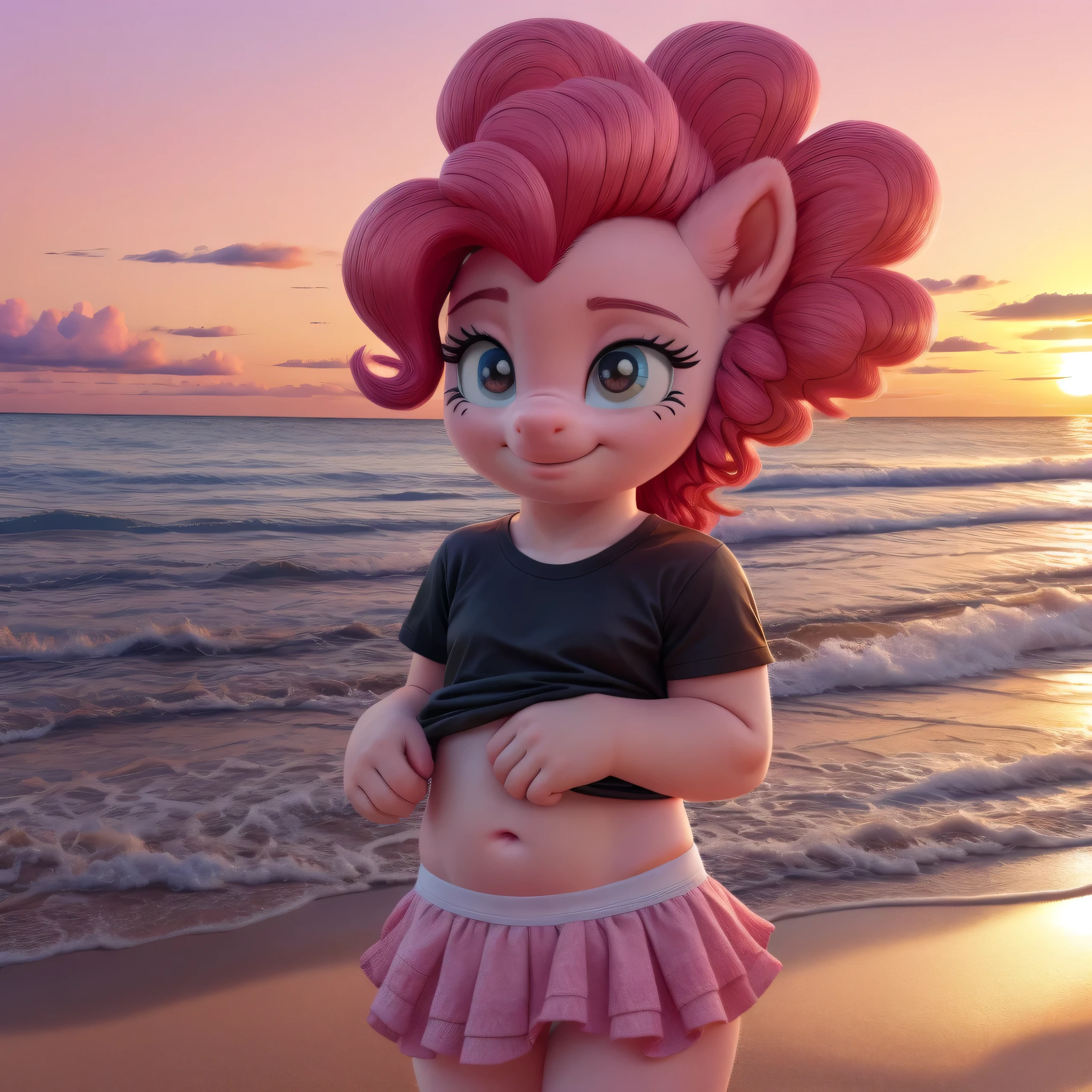 pinkie pie, toddler girl, skirt lifted, white panties, black t-shirt, beach, sunset