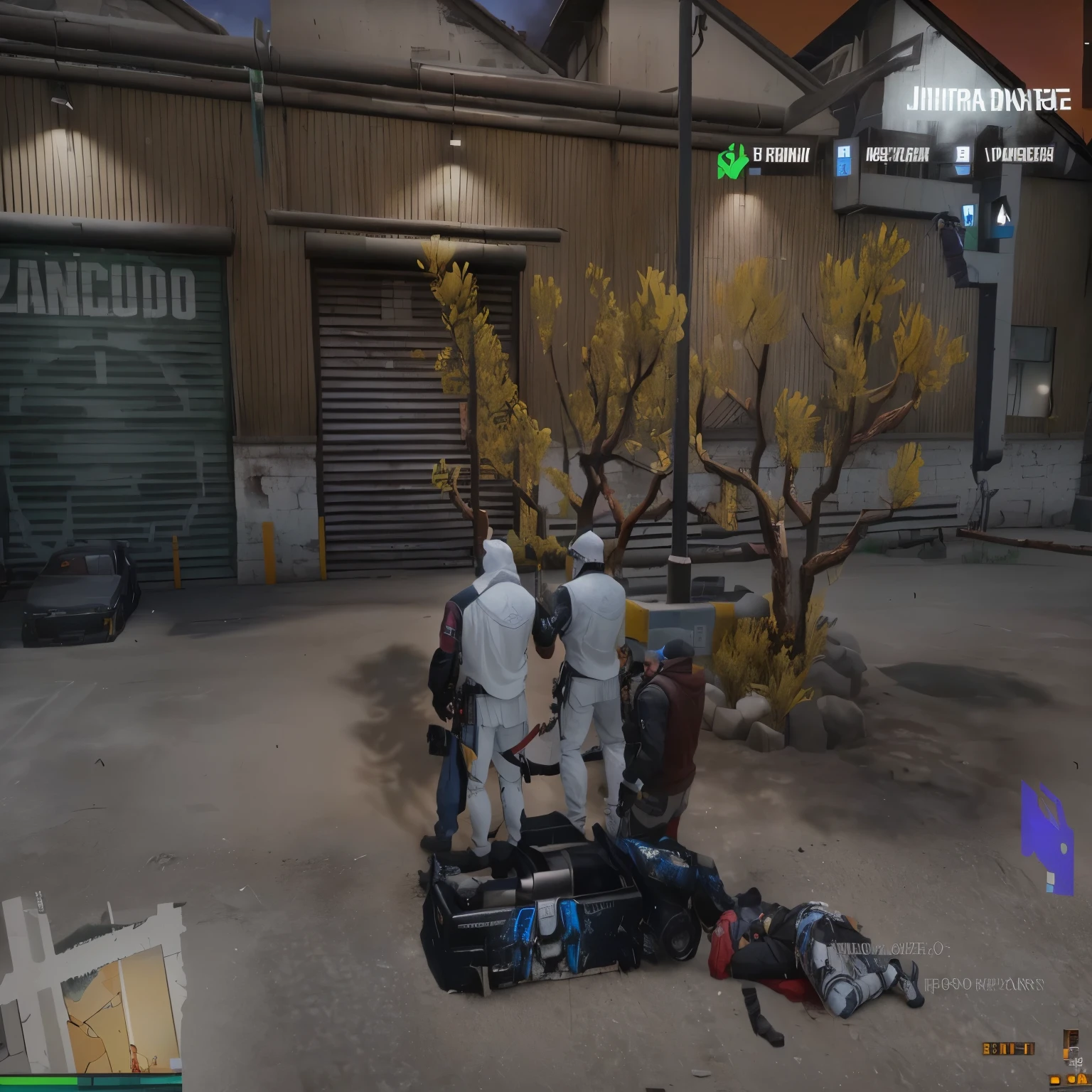 there are two people standing around a dead body in a game, Corpses in the background, En el juego, En el juego, captura de pantalla del videojuego>, posando para una pelea intrincada, parado frente al lowrider, Prueba de choque Lowrider, <Escena MMORPG, Screenshot of the action scene, imagen dentro del juego, 2020 captura de pantalla del videojuego, tiro medio del cuerpo