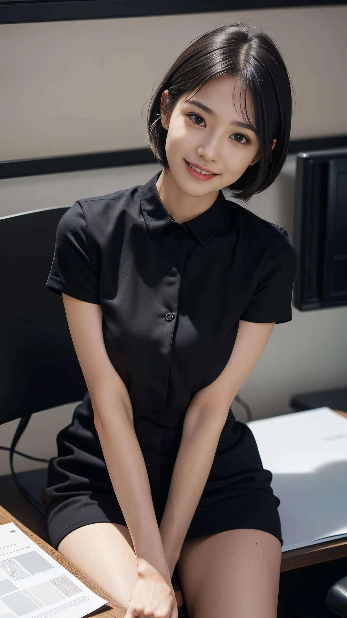 (dramatic angle)（Ultra high definition）（masterpiece）（Textured skin）（Very detailed）（high quality）（最high quality）（First Person View）(16k )Office Lady,1 person,Cute woman,,Black Hair,smile,nude,short hair,Spreading her legs,hand between legs