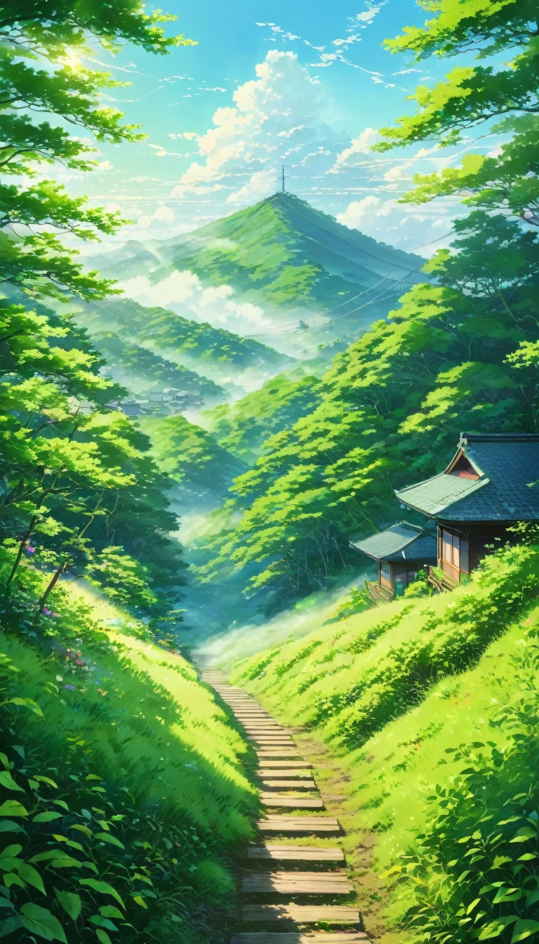 Mountain, green, forest, line, summer, Daytime, blue sky, cloud, green豊か, valley, fog, sunshine, wood漏れ日, Shadow, vivid, Peaceful, Silence, Atmosphere, depth, sense of distance, greenのグラデーション, Blue gradient, wood々Leaves, lineのレール, ballast, Grassland, trail, Electric pole, electric wire, Home, roof, wood造, Retro, nostalgic, Japanese Landscape, Landscape painting, animation, Ghibli, summerの匂い, When Higurashi Cries, The sound of wind chimes, lineの音, woodの温もり, greenの香り, hometown, Nostalgia, Emotional, countryside, 日本のsummer, 入道cloud, Cicada Voices, Style, Nostalgic, youth, summer休み, adventure, Secret base, memory, Beautiful Landscape, nature, trip, Healing, Spectacular views, Painting style, Fantasy, Anime Scenery, Ghibliの世界, summerのmemory, Emotional, Beautiful Japan, Original Japanese Landscape,, beautiful Anime Scenery, Landscape painting, Beautiful digital painting, Andreas Rocha, Beautiful artwork illustration, Awesome Wallpapers, Raymond Han, Tall beautiful paintings, Studio Greeble Makoto Shinkai, Beautiful Wallpapers, Anime Scenery