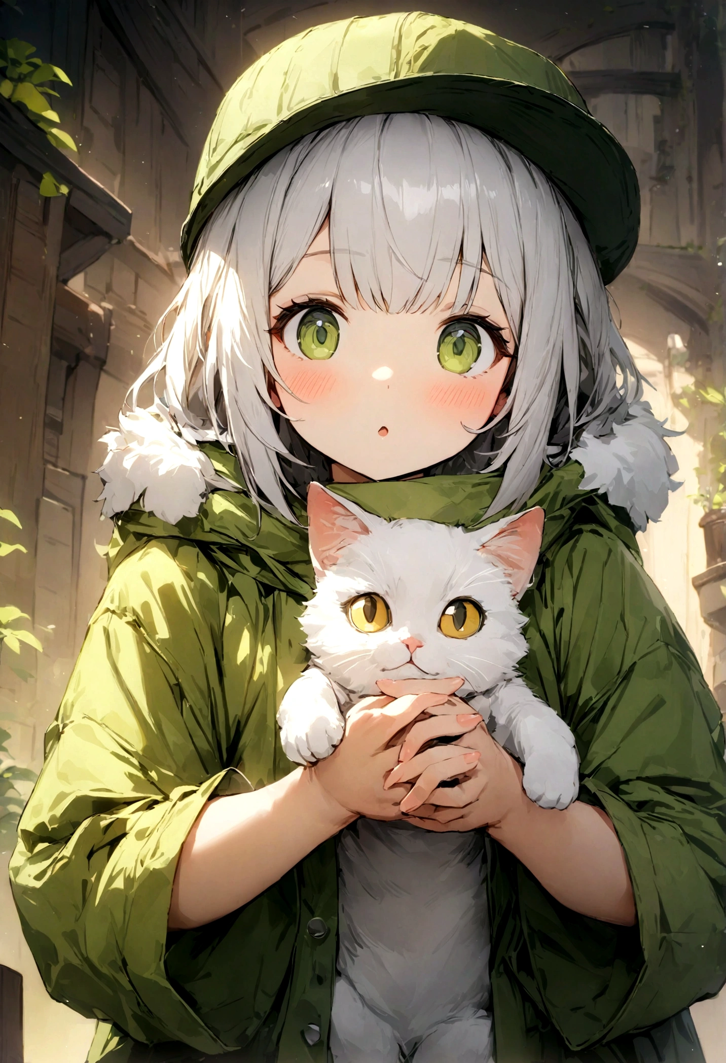 (best quality,4k,8K,High resolution,masterpiece:1.2), Extremely detailed, Practical:1.37,
Cute cat with big eyes, Cute Kitten, Fluffy white fur, Wearing green trucker clothes, Holding a box in hand, Wear a hat