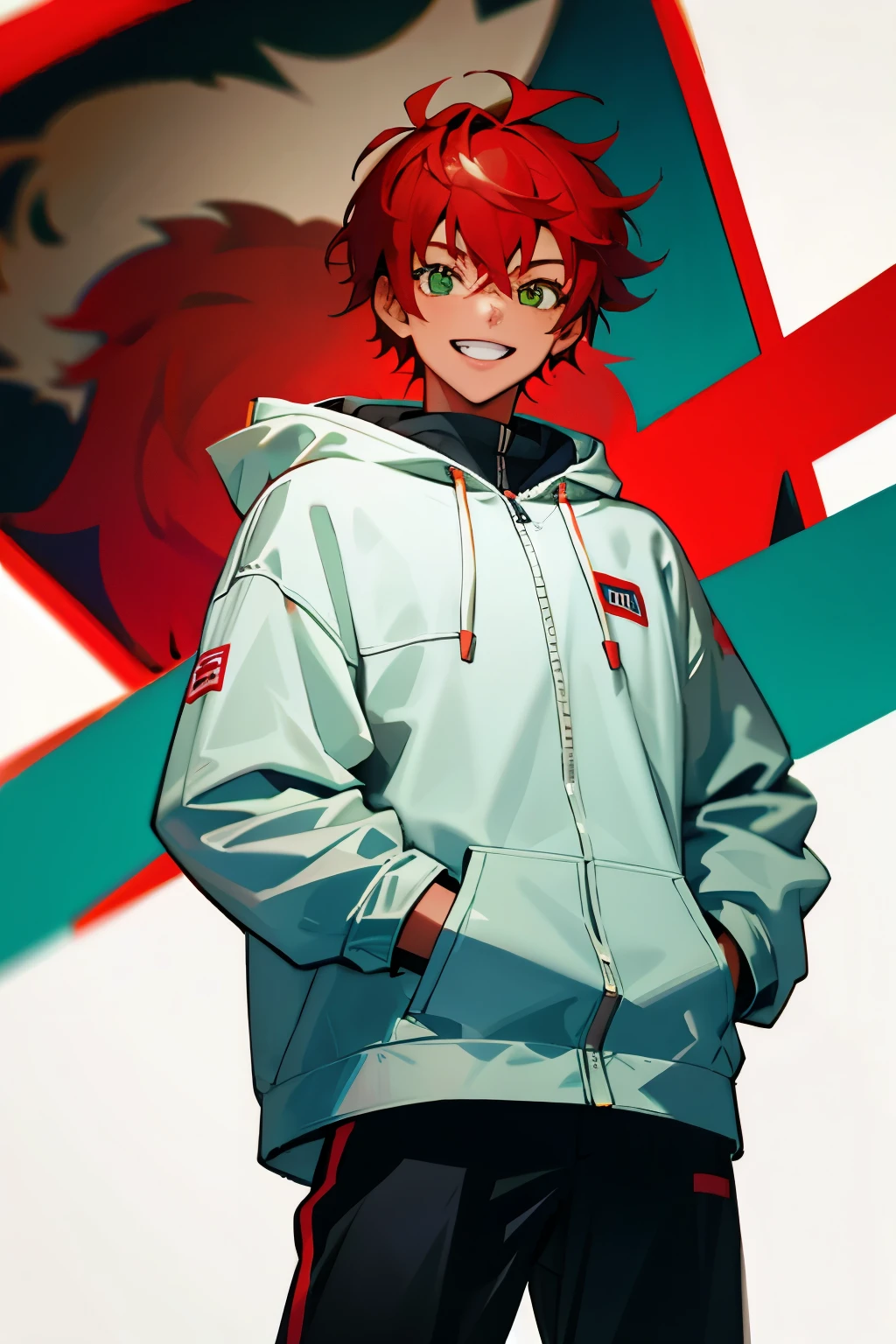 (masterpiece), ((sfw)), best quality, expressive eyes, perfect face, , (1girl,, young adult, handsome girl, longer face, flat body), solo, red hair messy short Wolf cut hair, green eyes BREAK (tanned skin, tanned male), cowboy shot, smile, grin, hoddie with racing car jacket on top BREAK black pants BREAK standing, :D, smile, boy looking, longer face 
