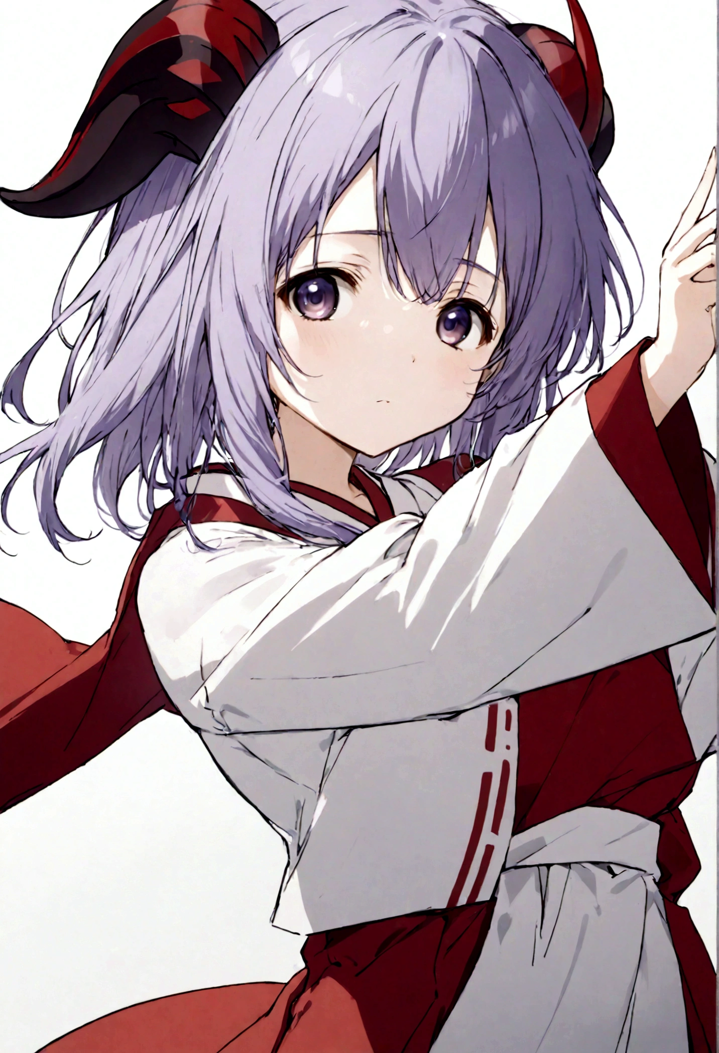 score_9, score_8_up, score_7_up, score_6_up, source_anime,BREAK , 1girl, hanyuu, solo, (tween:1.2), kawaii, ((horns)), medium breasts, purple eyes, purple hair, long hair, simple background, white background, japanese clothes, miko, skirt, hakama, hakama skirt, red detached sleeves, red hakama,v_arms,,straight-on,,anime screencap, anime coloring