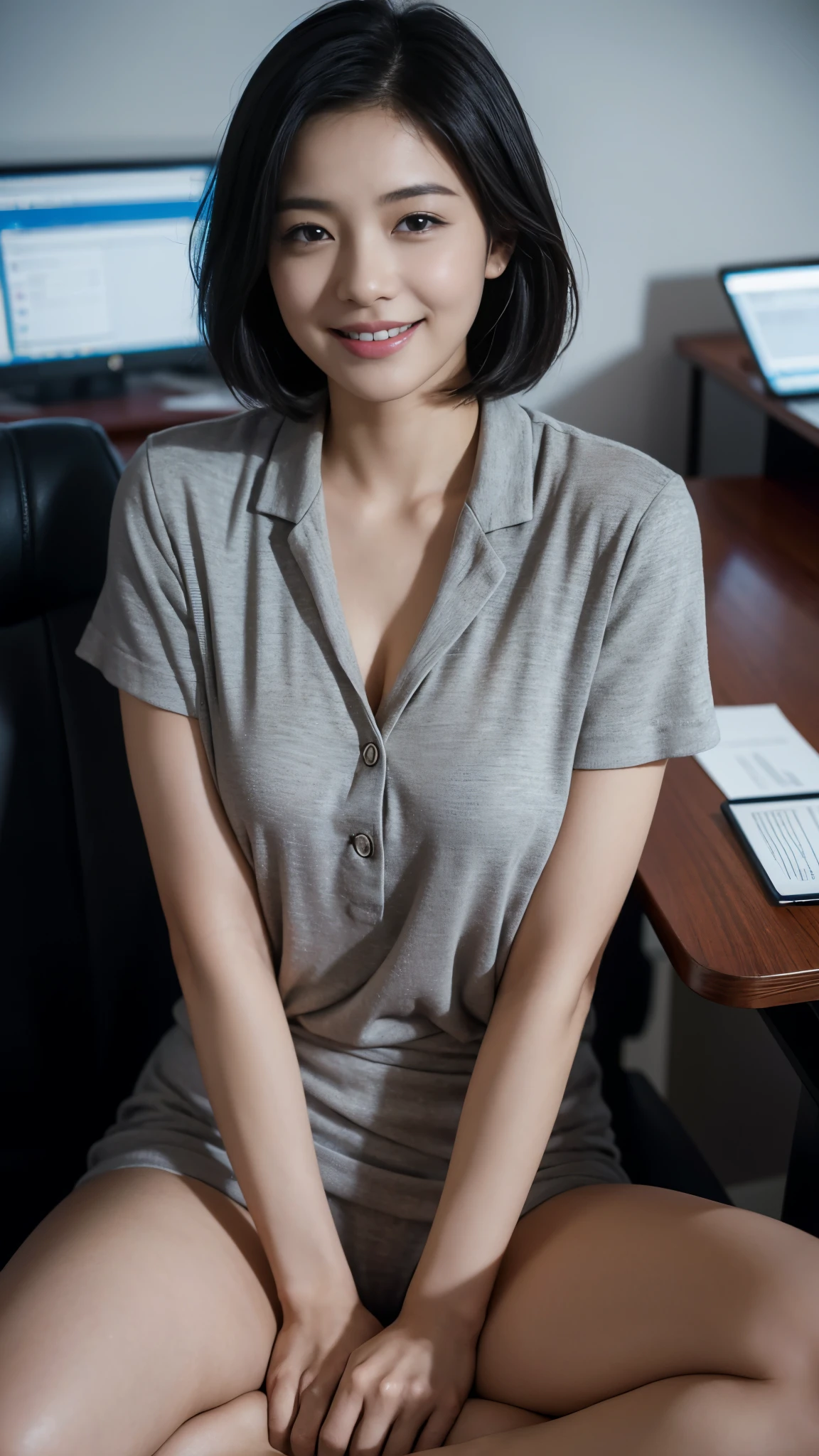 (dramatic angle)(Ultra high definition)(masterpiece)(Textured skin)(Very detailed)(high quality)(最high quality)(First Person View)(16k )Office Lady,1 person,Cute woman,,Black Hair,smile,nude,short hair,Spreading her legs,hand between legs