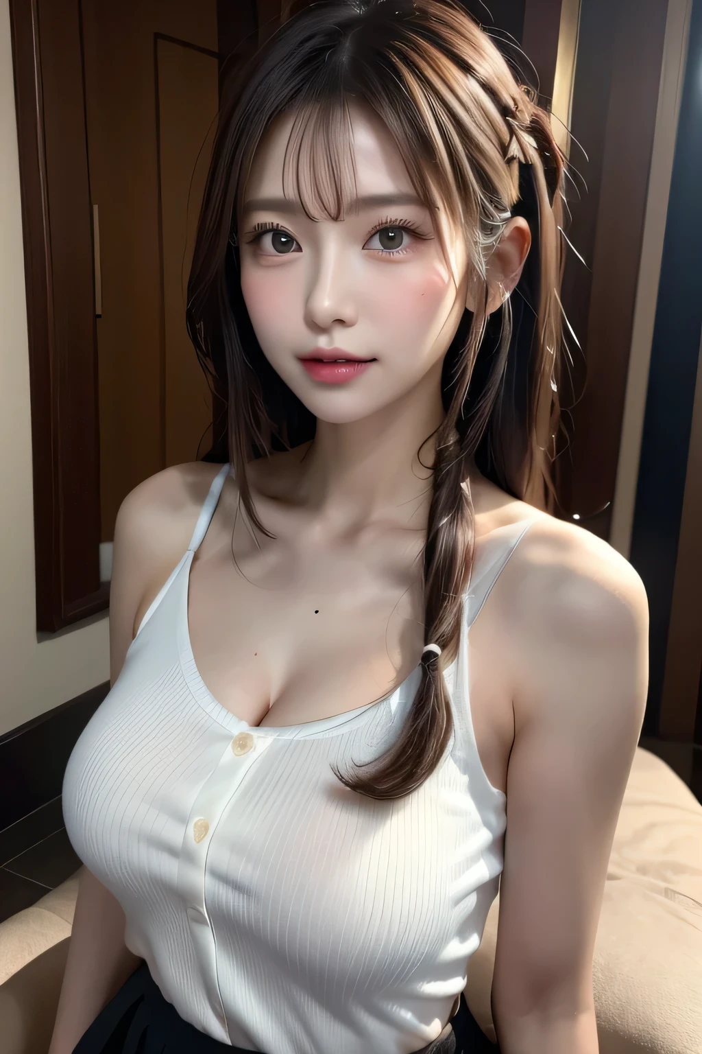 Beautiful fine details, suit, Natural Lip, Big Breasts, Natural Hair, Office Room,Skirt with exposed skin、(Reddish brown wet shiny hair)、(Floral braided headband、Half Up、Floral,),(Space braids、Voluminous fishtail braids、Twisted pan、)、(The bangs are see-through)、hairpin、hair ornaments、cheeks turn red、Pointy red mouth、Large Breasts、Perfect body curves、Beautiful clavicle、Wet Hair、Wet Face、Wet body、Wet Skin、Wet costume、Detailed clothing features、Detailed hair features、Detailed facial features、looking at the camera、(Dynamic Angle)、(Dynamic and sexy pose) )、Cinema Light、(masterpiece、highest quality、Ultra-high resolution output images、Write boundary depth、Intricate details、Adding dimension to your subject with the contrast of light and shadow、)、Digital illustration、Single-lens reflex camera、(Photorealistic:1.3)、(8K quality、Anatomically correct facial structure、)、(Picture Mode Ultra HD、)