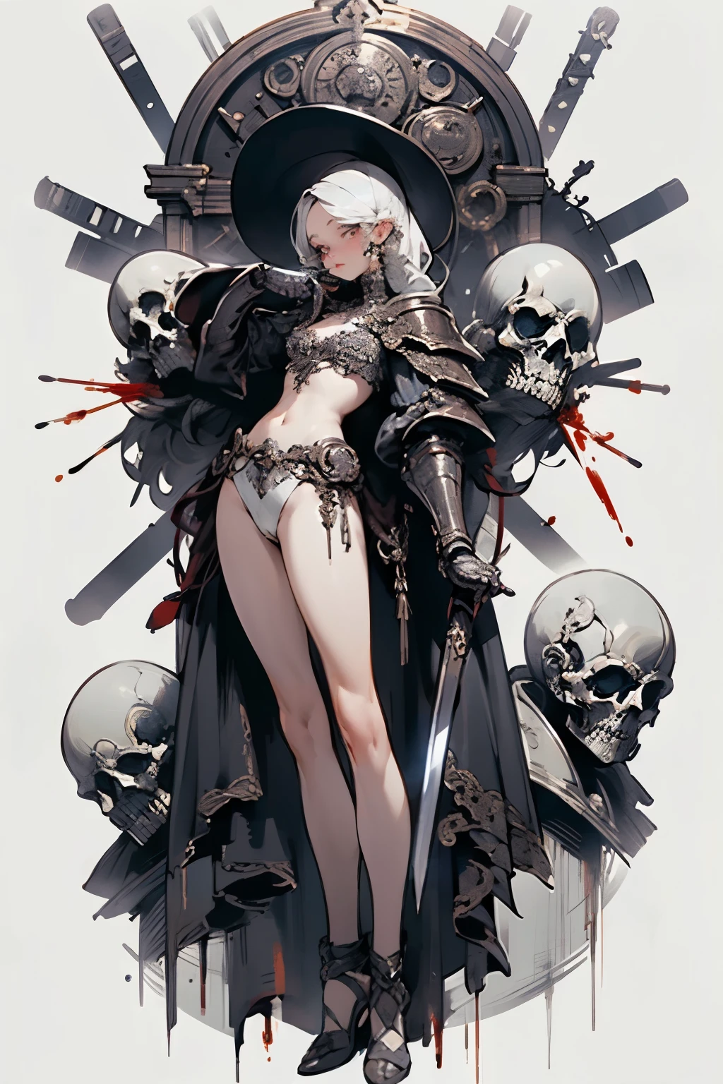((best quality)), ((masterpiece)), (detailed), perfect face ((best quality)), ((masterpiece)), (detailed), blank white background, plain background, white background, Bloodborne inspired, occult aesthetic, occult, detailed and intricate steampunk and detailed gothic, (zentangle, mandala, tangle, entangle), NSFW, a beautiful goddess adorned and enshrined in armour, Bloodborne inspired , occult aesthetic , occult , detailed and intricate steampunk and detailed gothic , wielding a sword and holding a shield, full body, whole body, body,