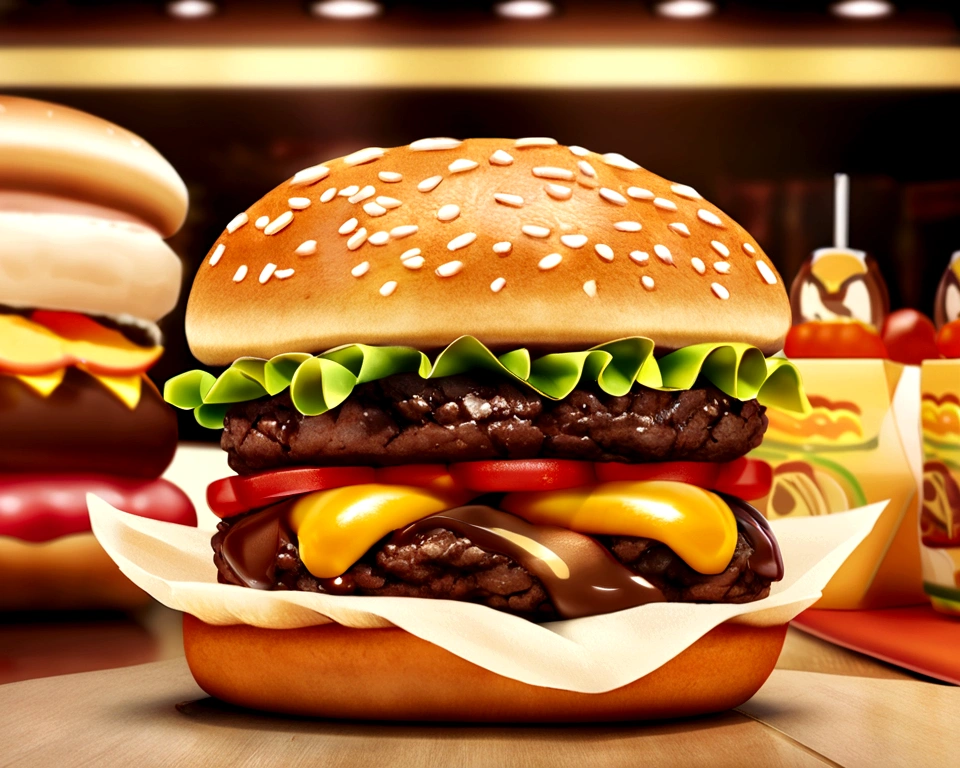 Foody restaurant,There are chocolates,Cupcakes,Cookie,Candy as a garnish, Clay material, Cartoon design style, pop mart, burger and hot dog on top, Soft lighting, Smooth lines, tilt shift lens, Detailed science fiction illustration, Hyper-realistic details, warm color