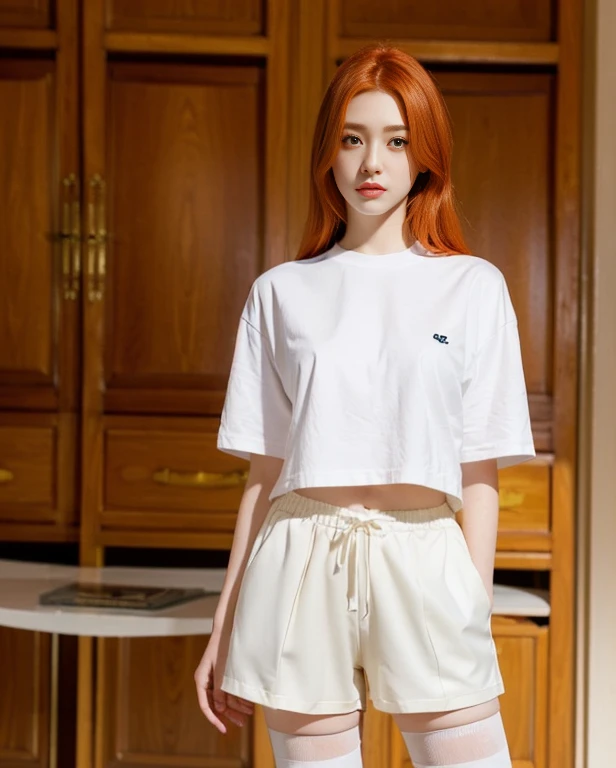 2D, masterpiece, highest quality, anime, Highly detailed face, Highly detailed eyes, Highly detailed background, Perfect lighting, One girl, alone, whole body, Are standing, Latex Legwear, White shirt, Shorts、Redhead, Amulets