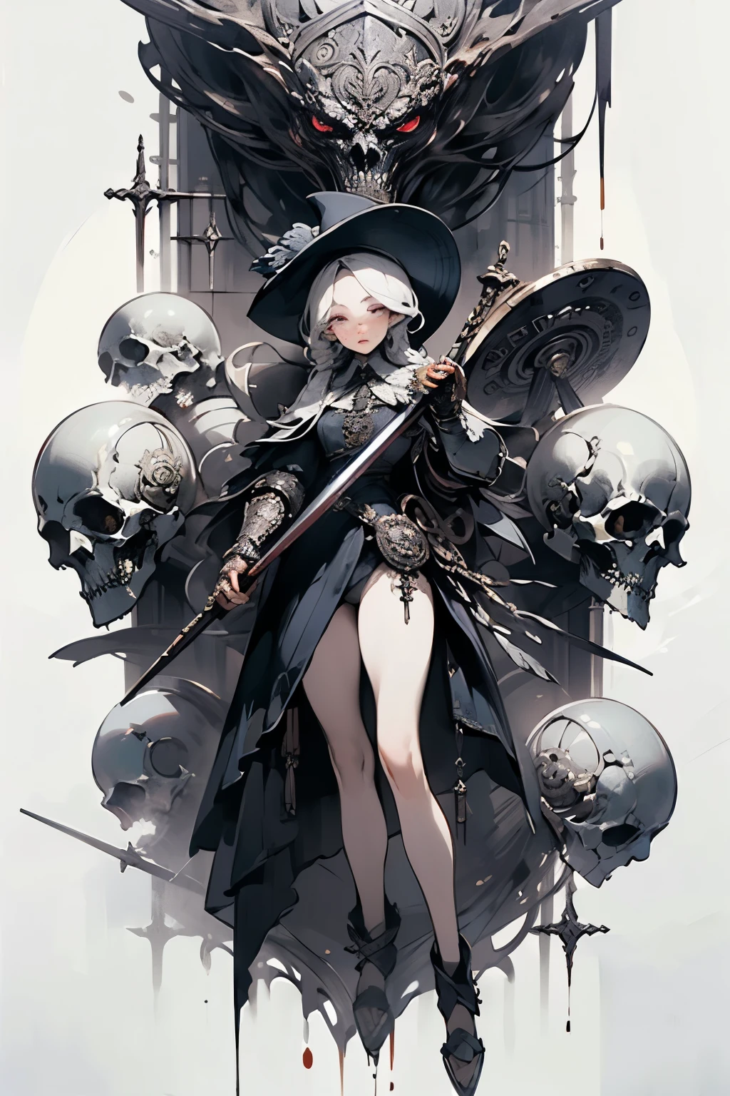 ((best quality)), ((masterpiece)), (detailed), perfect face ((best quality)), ((masterpiece)), (detailed), blank white background, plain background, white background, Bloodborne inspired, occult aesthetic, occult, detailed and intricate steampunk and detailed gothic, (zentangle, mandala, tangle, entangle), NSFW, a beautiful goddess adorned and enshrined in armour, Bloodborne inspired , occult aesthetic , occult , detailed and intricate steampunk and detailed gothic , wielding a sword and holding a shield, full body, whole body, body,
