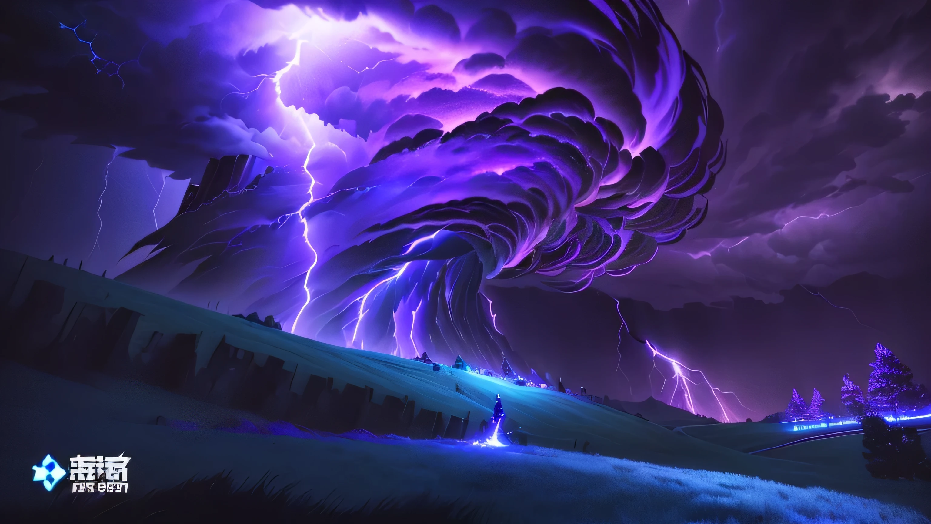 Anime-style scenes，A man stands on a hill，Background with purple and blue swirls, Screenshot of Fortress Heroes, dark night storm clouds, Epic clouds and divine lights, Stylized Storm, Detailed lights and thunder, Epic clouds and lights, Epic Lightning, Explosive Lightning Spell, epic vibrant lighting, Lightning Effect, The storm of all storms