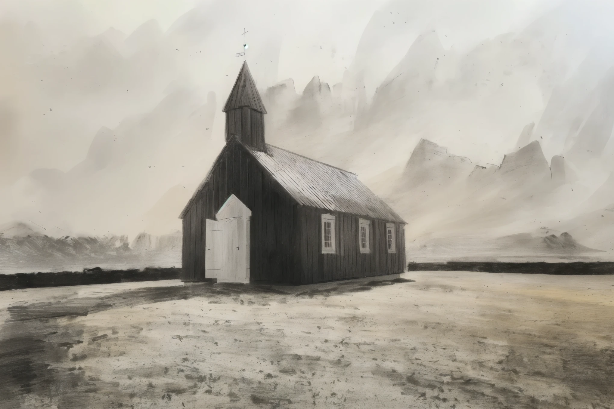 A house on the prairie,Mountains in the distance, sketch, Beautiful face, beautiful eyes, Perfect face, (black and white:1.5), crayon art, sketch, rough sketch, detailed penciling,