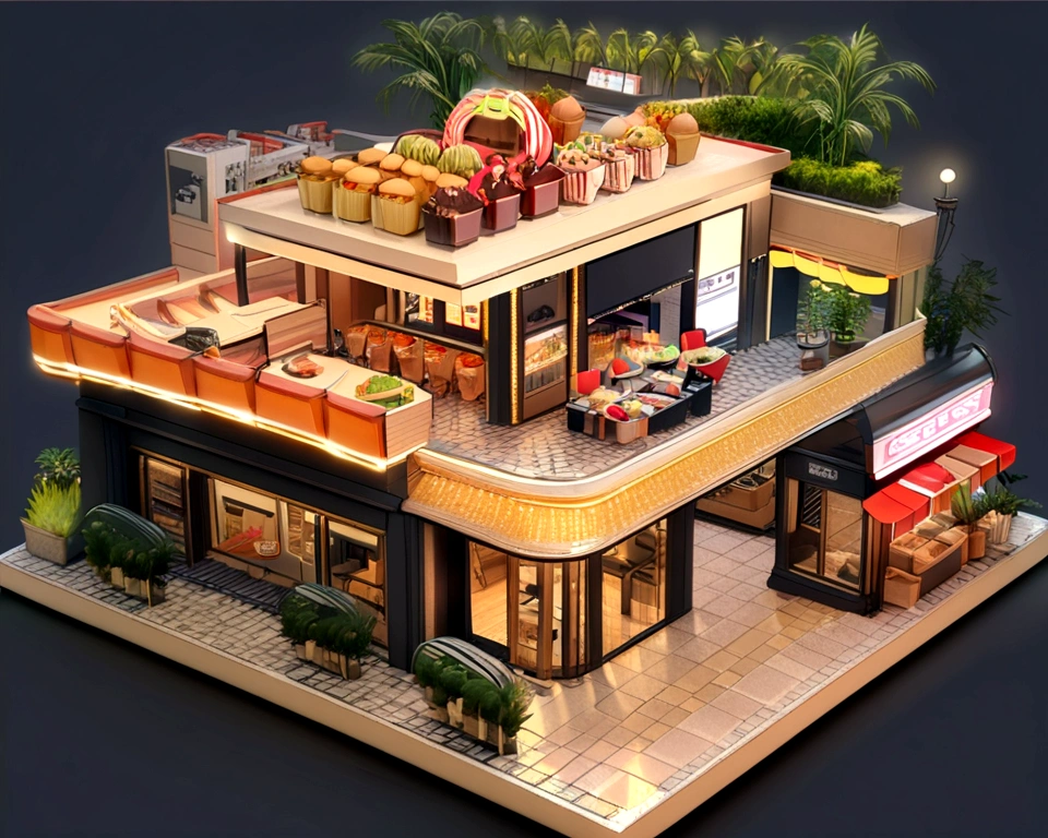 3d isometric building of a fast food restaurant,There are chocolates,Cupcakes,Cookie,Candy as a garnish, Clay material, Cartoon design style, pop mart, burger and hot dog on top, Soft lighting, Smooth lines, tilt shift lens, Detailed science fiction illustration, Hyper-realistic details, warm color