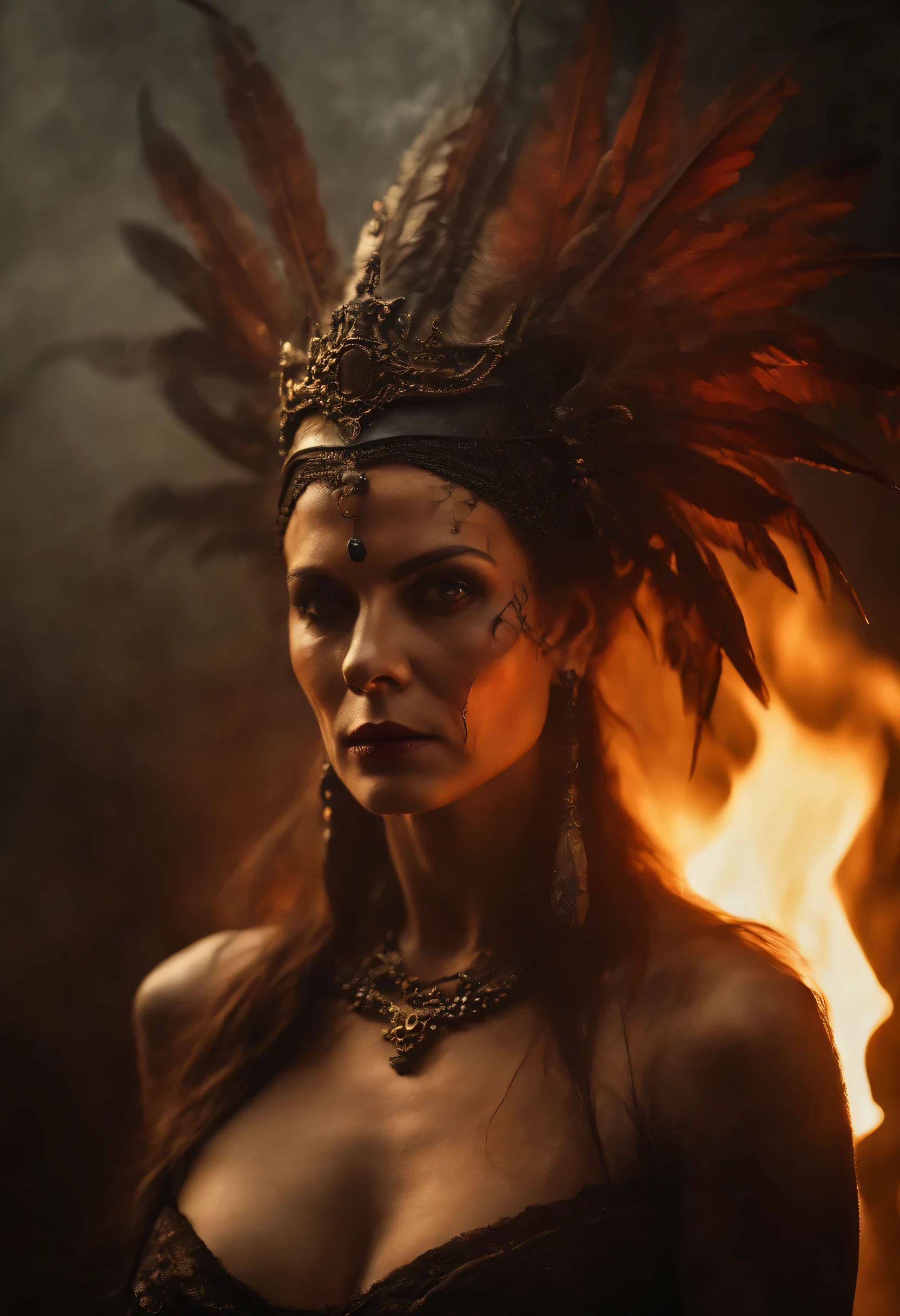 (((Character portrait shot))) (((No hands))) No background, blurred reflection ochre blood charcoal, an amazingly realistic photograph of wet bone structure in fusion lion steampunk raven feather head, rain ambient, oil on canvas, nude woman, 50mm, Kodak Portra 400, natural light, (at a hell flame : 1.50), demon like a legend movie from tom cruise, cthulhu on head, intense color fantasy, (no wearing and tattoos and hollow mask : 0.5) demon alien zombie 50 age woman curvy body sexy pinhead ganesha fire head, amazonia blood ash, blurred reflection, rain ambient, oil on canvas, brush stroke, very angry look