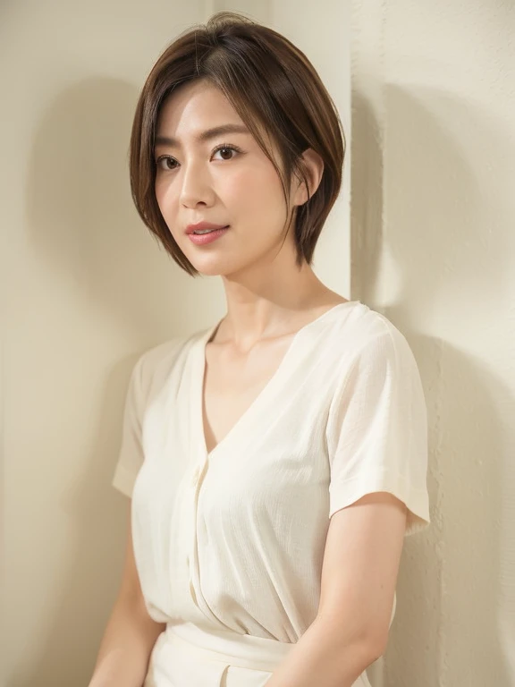 (Very detailed), ((Realistic)), (Better Quality), Short sleeve shirt、Very beautiful woman, highest quality, 8k, masterpiece, Photorealism, practical, 1. Beautiful Japanese Women, Mature Woman, 40 years old, Delicate skin texture, short hair,Shooting from the side、Photographed in natural light、Photographed in front of a white wall