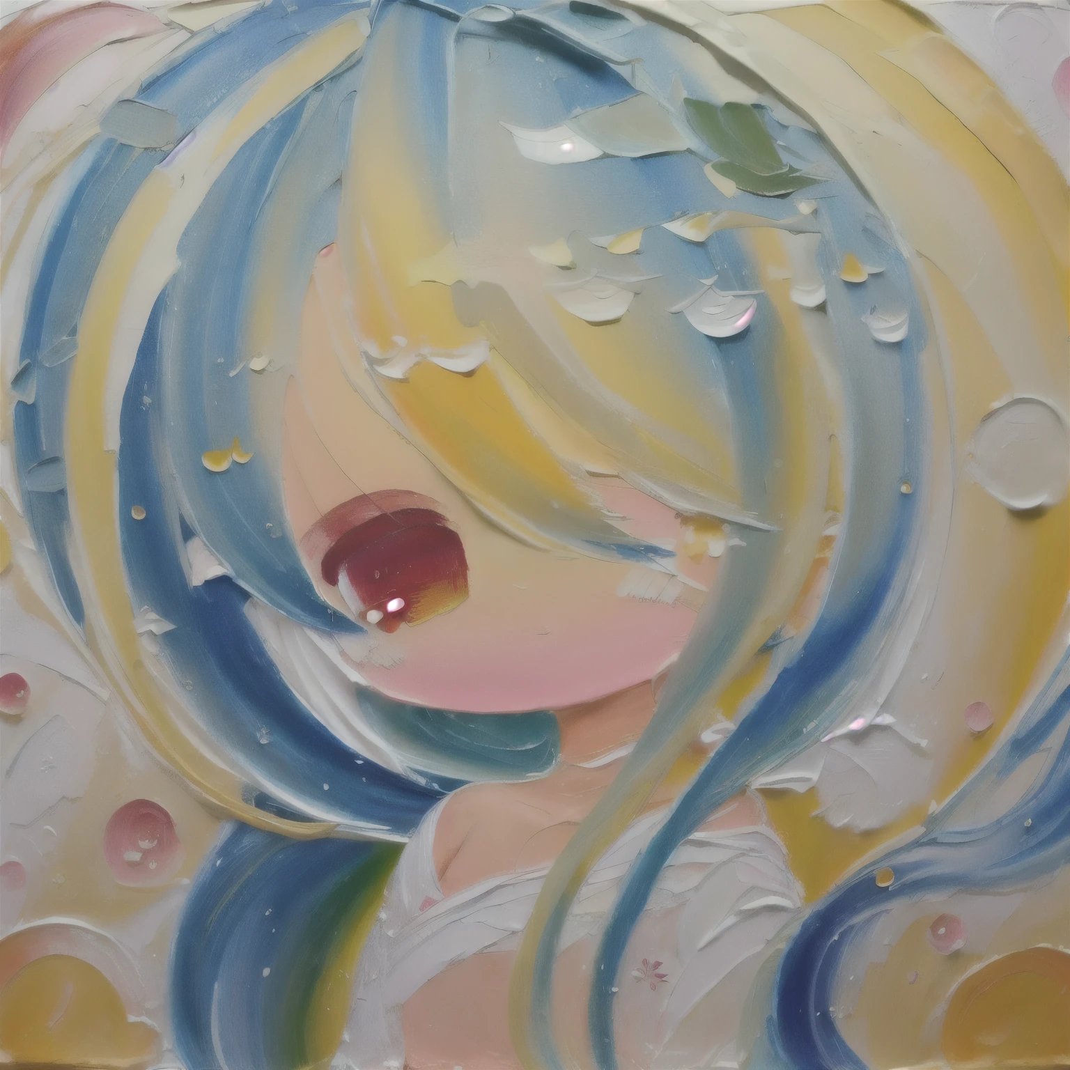 chibi, beautiful oil , oil painting \(average\), pincelada, 1 garota, Orelhas de animais, cabelo loiro, olhos fechados, ear twitching, orelhas de raposa, roupas japonesas, cabelo longo, miko, desfoque de movimento, Sozinho