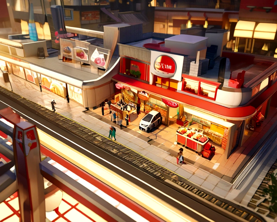 3d isometric building of a fast food restaurant, 3d cartoon, cute, disney style. There are chocolates,Cupcakes,Cookie,Candy as a garnish, Clay material, Cartoon design style, pop mart, burger and hot dog on top, Soft lighting, Smooth lines, tilt shift lens, Detailed science fiction illustration, Hyper-realistic details, warm color