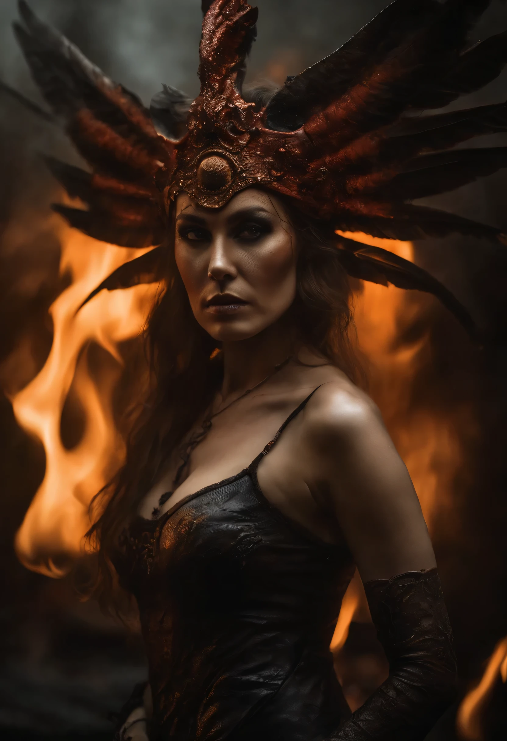 (((Character portrait shot))) (((No hands))) No background, blurred reflection ochre blood charcoal, an amazingly realistic photograph of wet bone structure in fusion lion steampunk raven feather head, rain ambient, oil on canvas, nude woman, 50mm, Kodak Portra 400, natural light, (at a hell flame : 1.50), demon like a legend movie from tom cruise, cthulhu on head, intense color fantasy, (no wearing and tattoos and hollow mask : 0.5) demon alien zombie woman curvy body sexy pinhead ganesha fire head, amazonia blood ash, blurred reflection, rain ambient, oil on canvas, brush stroke, very angry look
