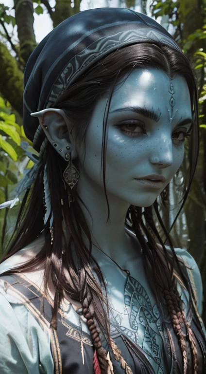 avatar humanoide azul，Bioluminescent avatar marking spots and patterns on the skin. Roupas tribais, Pointed elven ears. Cabelo como avatar, cor do cabelo: preto, olhos azuis brilhantes, Pele azul iridescente com um toque de brilho. mulher, Como um lutador, magical and mysterious, Detalhado e verdadeiro. Only blue skin color. Only blue skin. Cor da pele completamente azul.