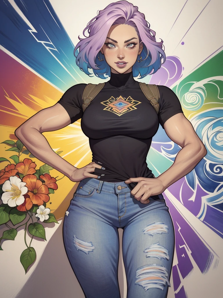 estilo ::2.0 comix illustration estilo,tatoon estilo , comic book estilo ,ashley alexis argentina  ,mulher bonita com cabelo comprido ultra detalhada, (fundo bonito e claro:1.2),, fantastic paintings ,graffit estilo,  flores, olhos altamente detalhados , uma camiseta branca ou vestida com uma jaqueta jaeans e blusa branca por baixo, with both fists in fighting position, e pulseiras, lutando contra um inimigo, com longos cabelos pretos , vitral colorido, tongue slightly out, vibrante, alphonse mucha estilo, fantastic paintings by joe madureira  ,alta qualidade, --ar 3:4 --upbeta --test --creative --upbeta --upbeta --upbeta --upbeta, Obra de arte, melhor qualidade, alta qualidade, extremamente detalhado cg unity 8k wallpaper, scenario, fotografia premiada, HDR, extremamente detalhado, trends on Artstation, trends at CGSociety, intricado, alto detalhe, art by midjourney  estilo::ESTILO JKenneth Rocafort   ::2.9 (Obra de arte:1.2, melhor qualidade), (lindos olhos finamente detalhados: 1.2), ((1girl Kelly Brook mulher muito bonita PEITO GRANDE )), ((Sozinho)), (olhos vermelhos:1.4), (olhos finamente detalhados e rosto detalhado:1.3),), (com jeans e camiseta ou vestido branco:1.3), (fundo bonito e claro:1.2), (extremamente detalhado CG, ultra-detalhado, melhor sombra:1.1), ((profundidade de campo)), ((aquarela)), seios grandes, Ombros nus, flores and petals, beautiful concept illustration , (fundo branco:0.5), (illustration :1.1), (extremamente fino e lindo:1.1), (detalhes perfeitos:1.1)