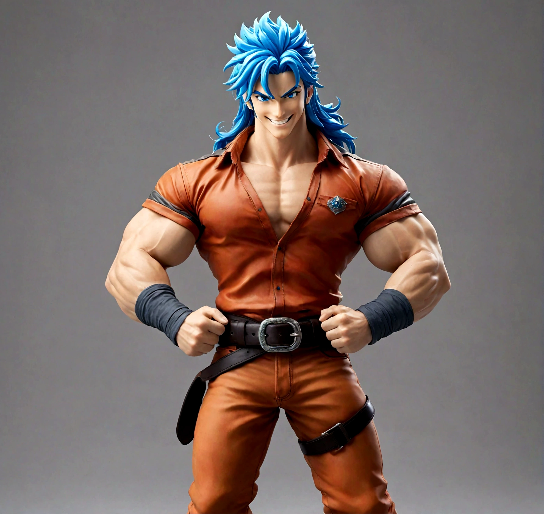 solo, long hair, looking at viewer, smile, blue eyes, simple background, shirt, 1boy, blue hair, male focus, cowboy shot, teeth, belt, pants, grey background, grin, muscular, own hands together, muscular male, sleeves rolled up, black belt