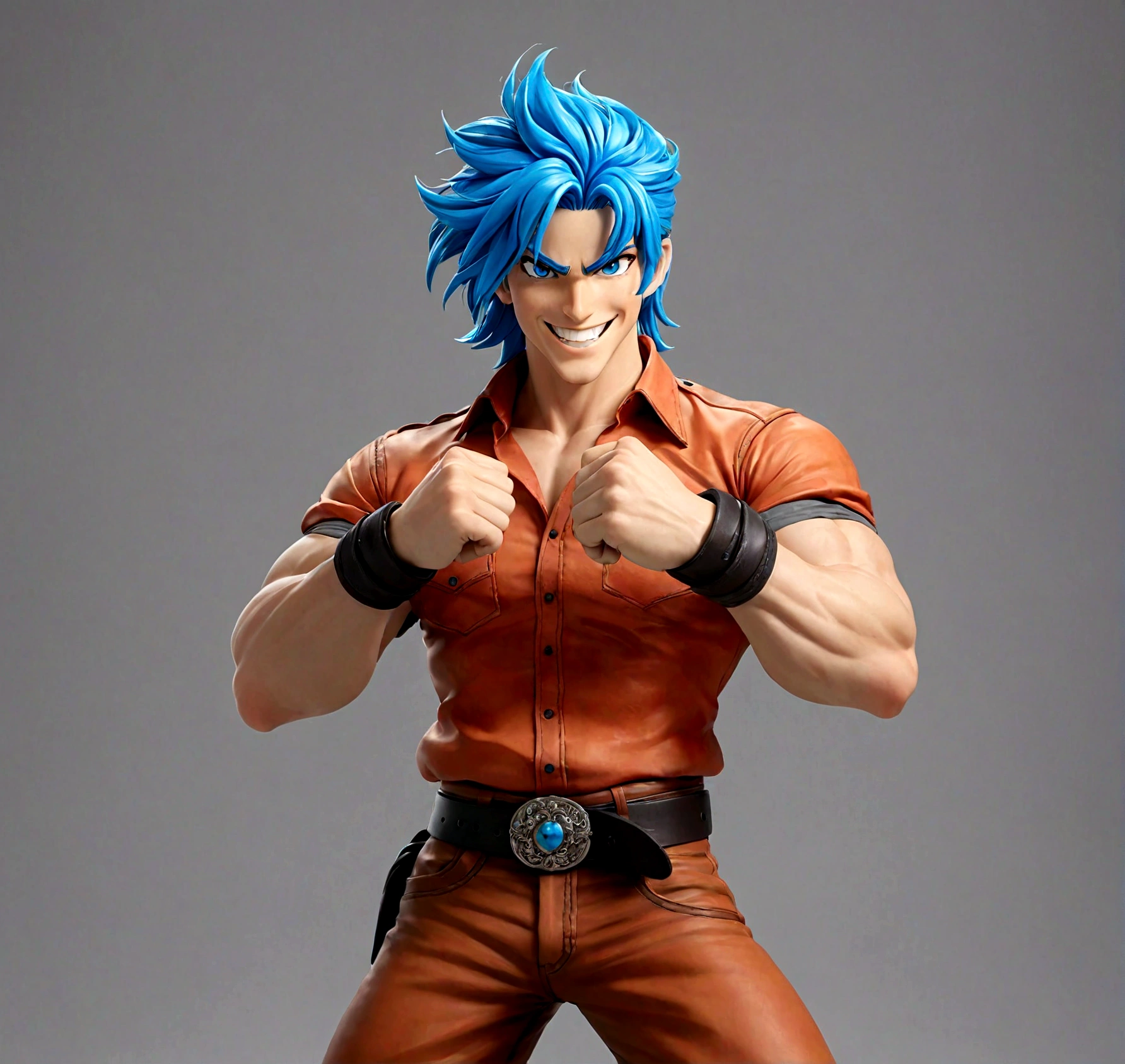 solo, long hair, looking at viewer, smile, blue eyes, simple background, shirt, 1boy, blue hair, male focus, cowboy shot, teeth, belt, pants, grey background, grin, muscular, own hands together, muscular male, sleeves rolled up, black belt