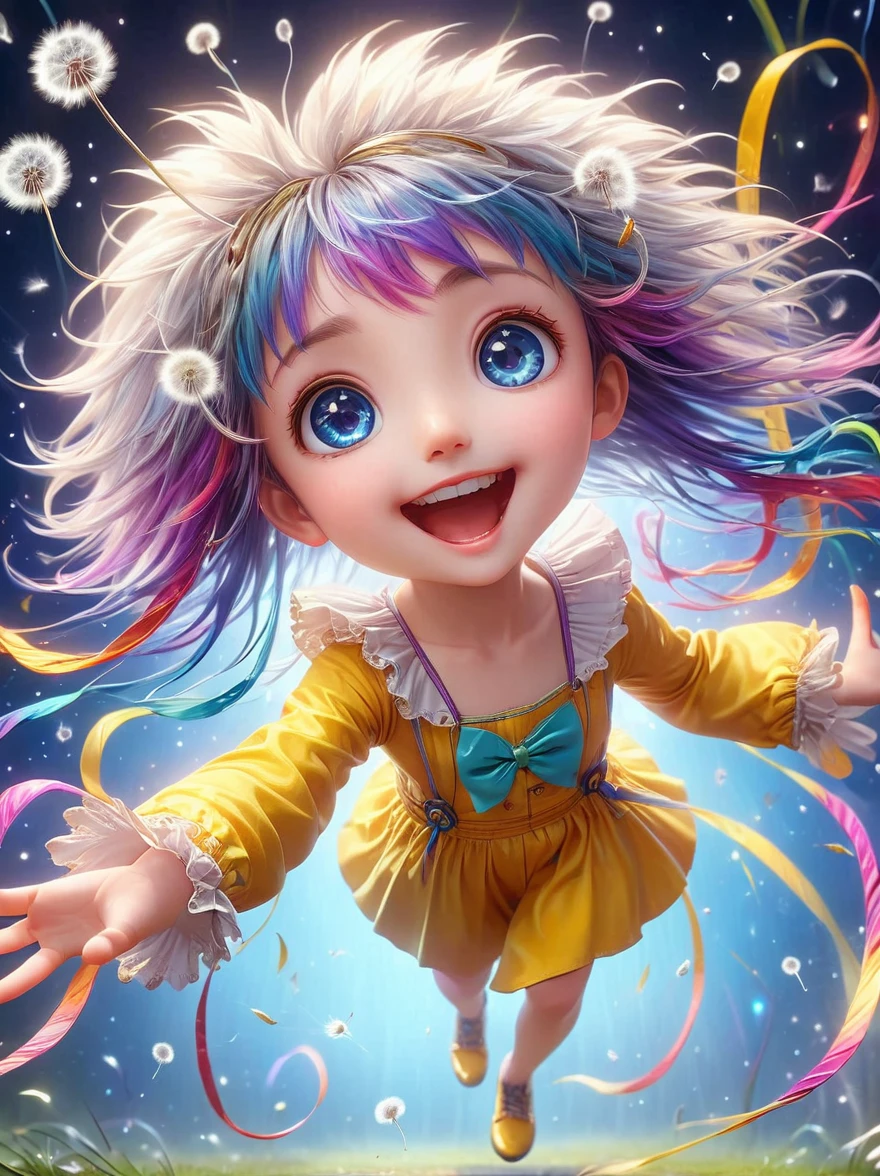 1girl, solo, cute, Kawaii, child, Hair shiny, Braiding Hair, Messy hair, Dandelion Hair Accessories, Eye Color Universe, big eyes, (Dynamic Angle:1.4), (Full body shot:1.3), (Vision), Wide Angle, Dynamic poses, Delicate face, Vibrant colors, (Blowing dandelion seeds), Smile, , 1fkxc1