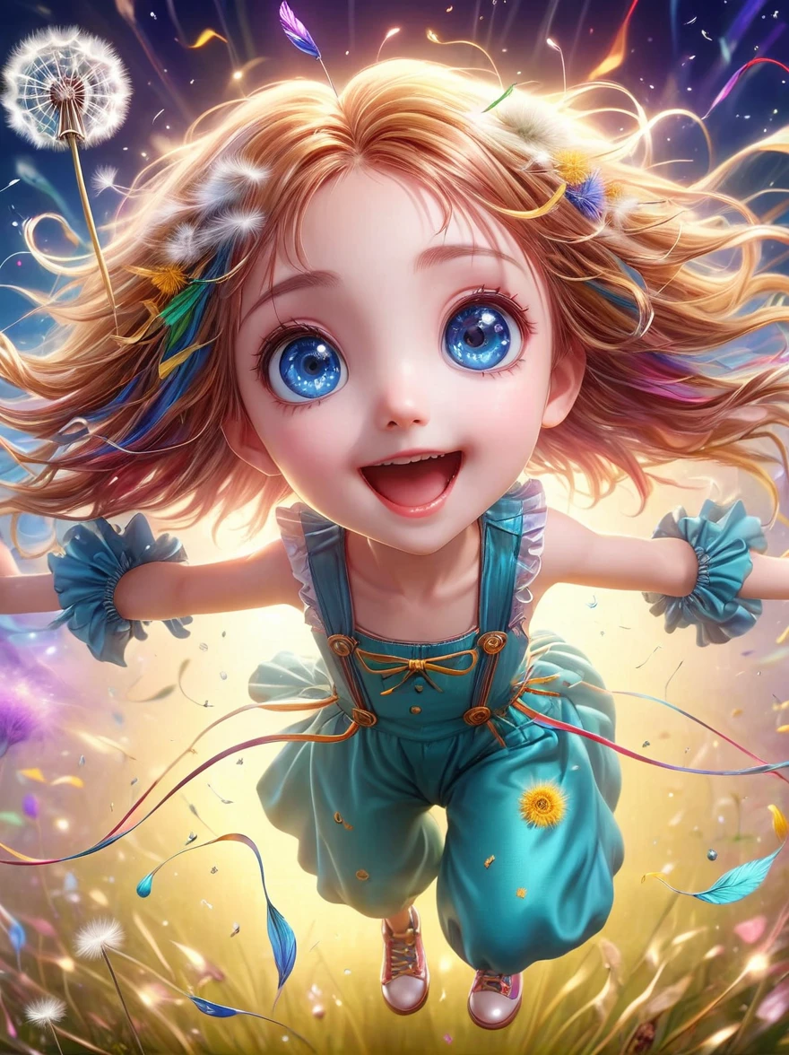 1girl, solo, cute, Kawaii, child, Hair shiny, Braiding Hair, Messy hair, Dandelion Hair Accessories, Eye Color Universe, big eyes, (Dynamic Angle:1.4), (Full body shot:1.3), (Vision), Wide Angle, Dynamic poses, Delicate face, Vibrant colors, (Blowing dandelion seeds), Smile, , 1fkxc1