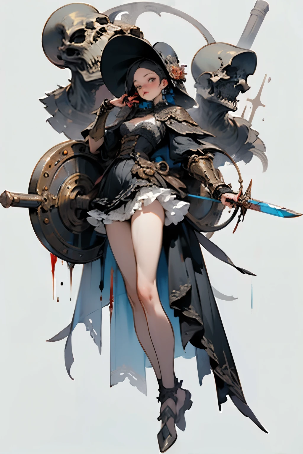 ((best quality)), ((masterpiece)), (detailed), perfect face ((best quality)), ((masterpiece)), (detailed), blank white background, plain background, white background, Bloodborne inspired, occult aesthetic, occult, detailed and intricate steampunk and detailed gothic, (zentangle, mandala, tangle, entangle), NSFW, a beautiful goddess adorned and enshrined in armour, Bloodborne inspired , occult aesthetic , occult , detailed and intricate steampunk and detailed gothic , wielding a sword and holding a shield, Fluttering lace flared short dress with frilly petticoats, beautiful small breasts, small breasts, full body, whole body, body,